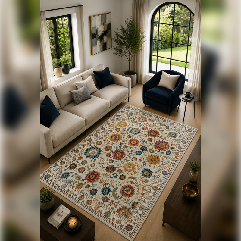 Ottoman Bloom Renkli Çiçek Desenli Modern Kaymaz Dijital Baskı Salon halısı