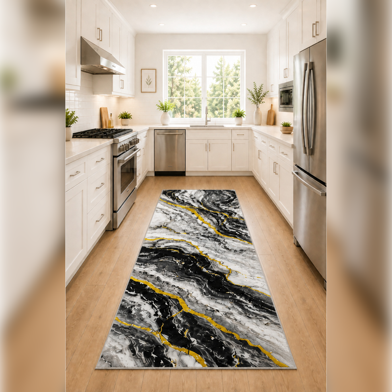 GILDED MARBLE COLLECTION Kişiye Özel Üretim Dekoratif Kaymaz Taban Mutfak-Salon-Hol-Yatak odası-Genç Odası Halısı – Dijital Baskı Yıkanabilir – Farklı Ölçü Seçenekleri