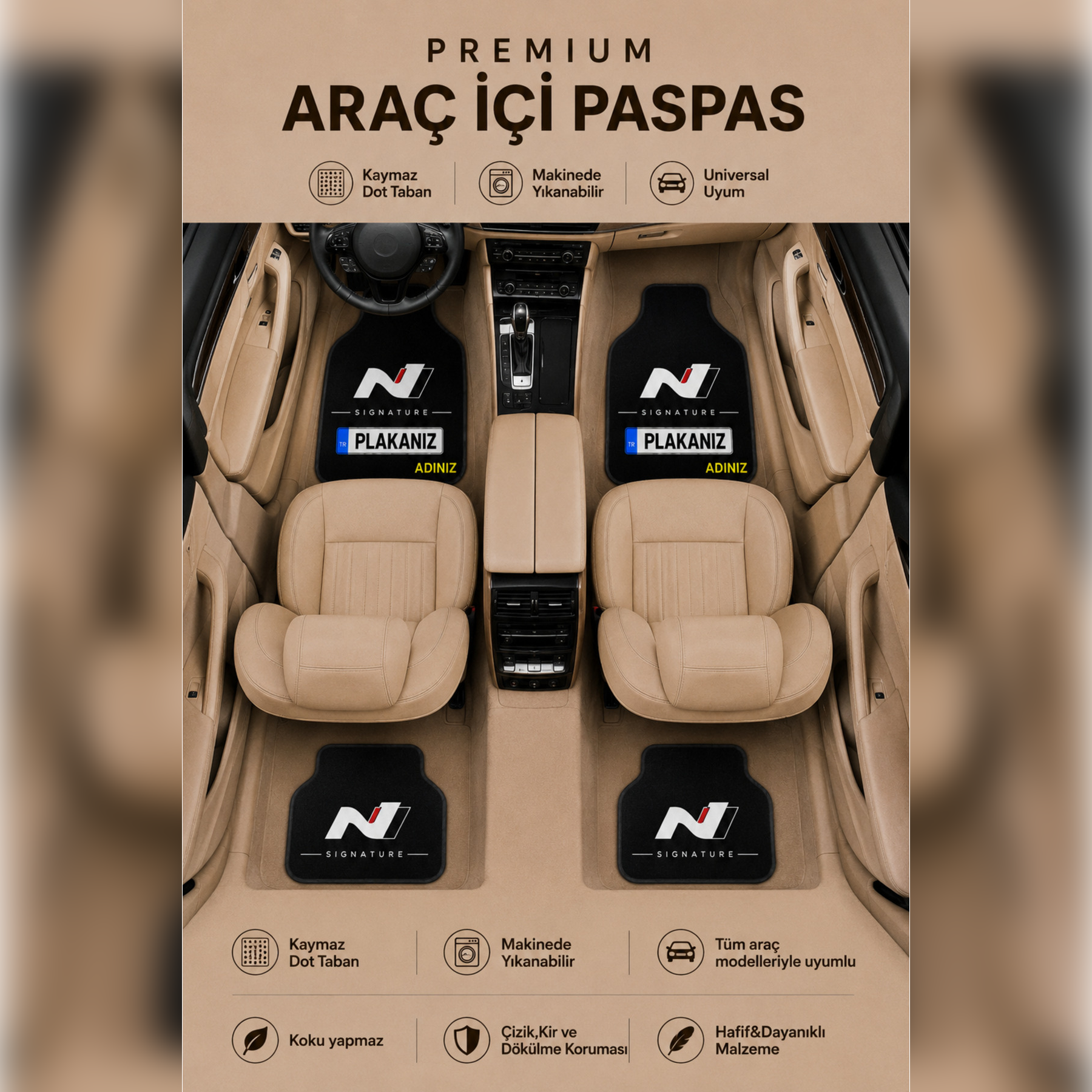 Hyundai N Signature Kişiye Özel İsim ve Plaka Baskılı Universal Premium Araç İçi Oto Paspası 4'lü Set– Tüm Araç Modellerine Uyumlu-Kaymaz DOT Taban