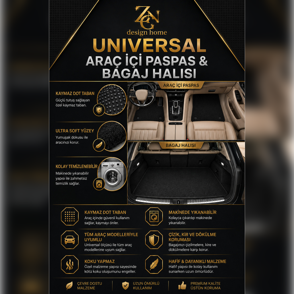 Toyota Uyumlu Universal Premium Araç İçi Oto Paspası 4'lü Set – Tüm Araç Modellerine Uyumlu-Kaymaz DOT Taban