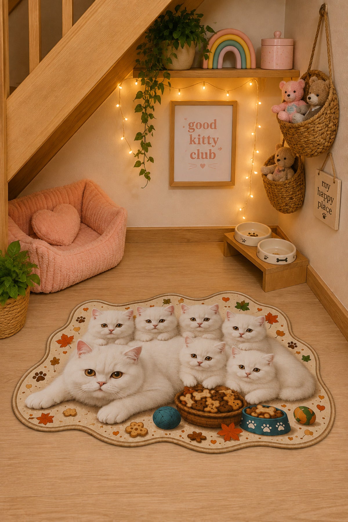 Evcil Dostlar Figürlü Dekoratif -Dijital Baskılı Kaymaz Taban Yıkanabilir Renkli Kedi figürlü asimetrik-Düzensiz kesim evcil hayvan mama paspası-Mama Altlığı 60x90cm - oda mock-up görseli