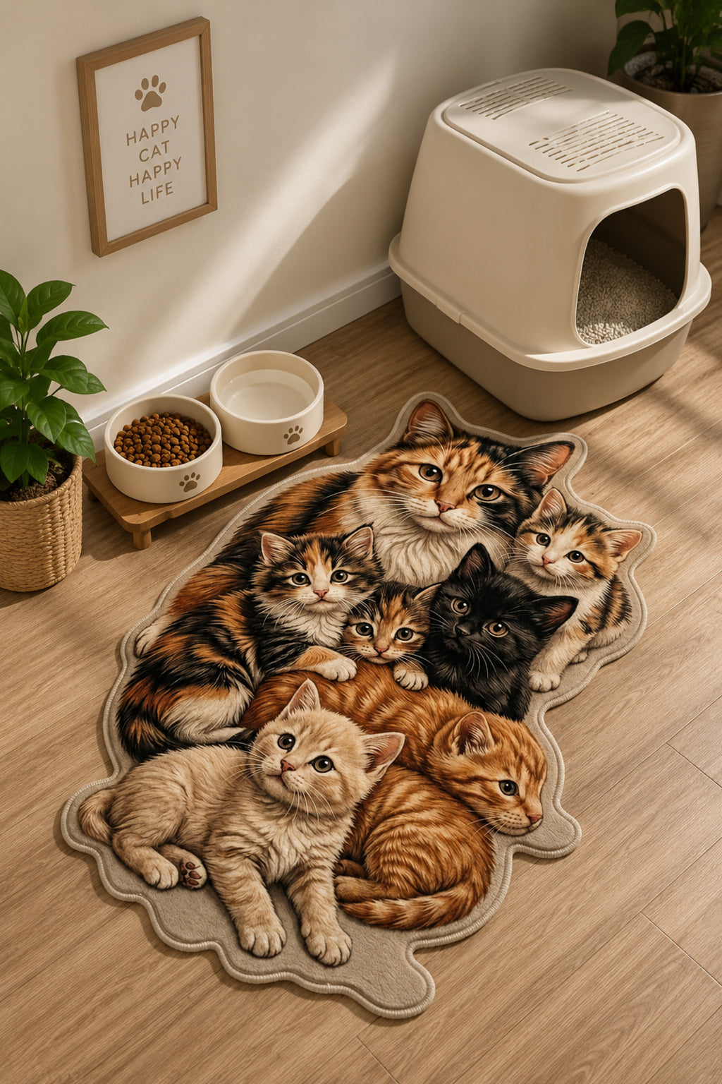 Dijital Baskılı Kaymaz Taban Yıkanabilir Renkli Kedi figürlü asimetrik kesim evcil hayvan mama paspası 60x90cm