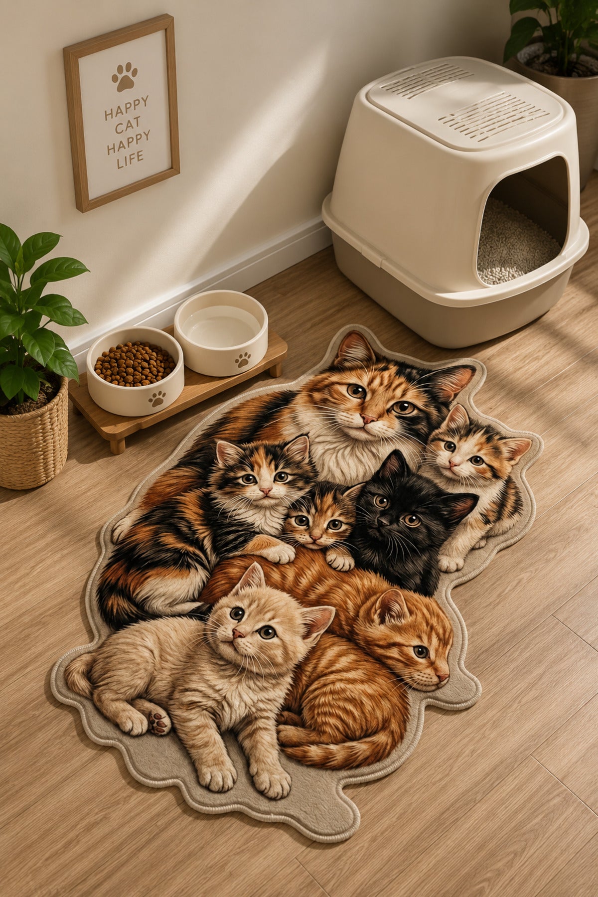 Dijital Baskılı Kaymaz Taban Yıkanabilir Renkli Kedi figürlü asimetrik kesim evcil hayvan mama paspası 60x90cm