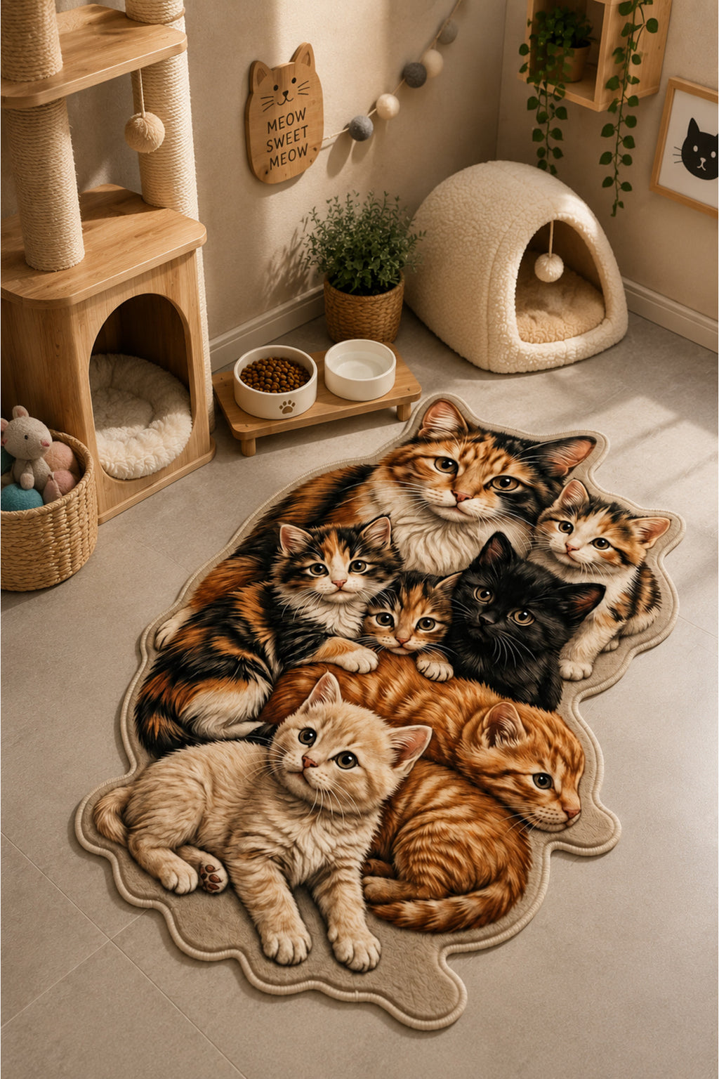 Dijital Baskılı Kaymaz Taban Yıkanabilir Renkli Kedi figürlü asimetrik kesim evcil hayvan mama paspası 60x90cm