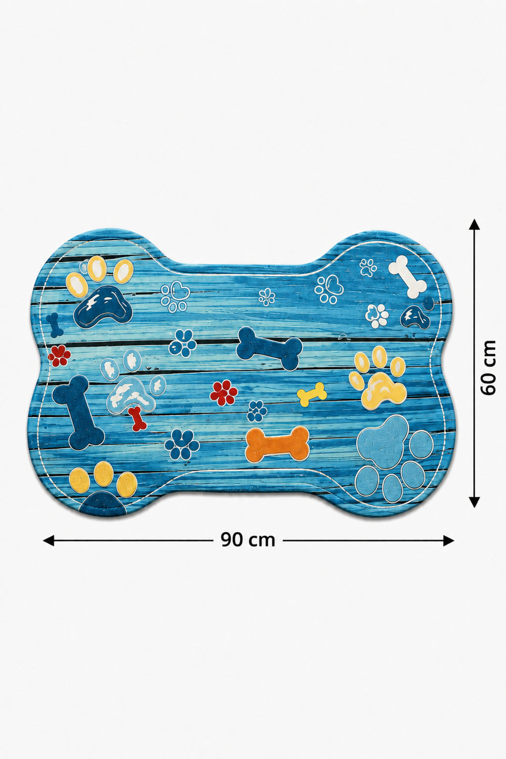 Kedi ve Köpek Mama Altlığı 60x90 cm – Kemik Şekilli Renkli Dijital Baskılı, Kaymaz Taban, Yıkanabilir Mama Paspası