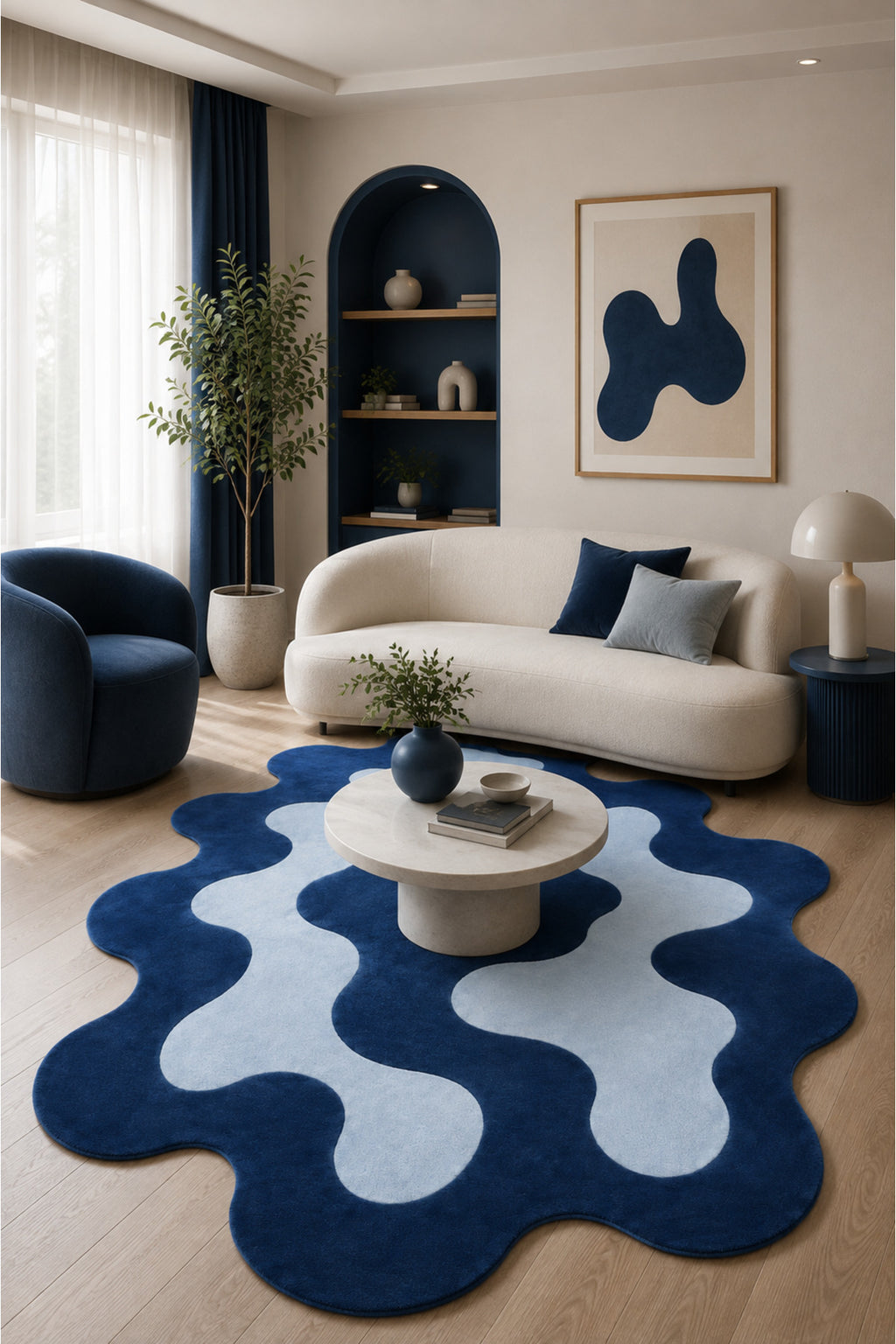 Fluid Waves Dalga Desenli Düzensiz Şekilli Halı – Organik Form Dijital Baskılı Kaymaz Taban Yıkanabilir Modern Dekoratif Halı