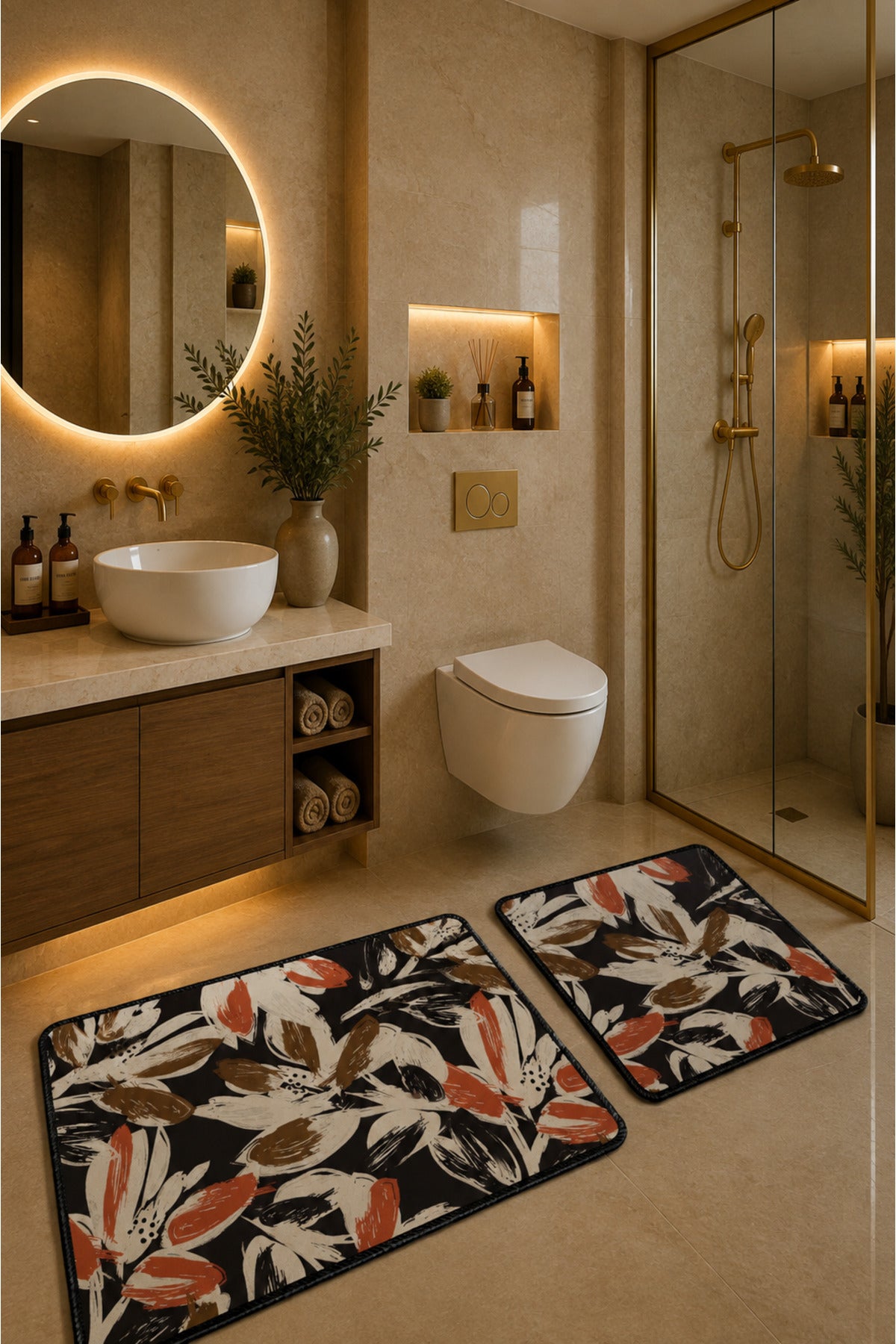 Banyo Paspası 2'li Set Kaymaz Tabanlı ve Yıkanabilir 60x90 Cm - 50x60 Cm