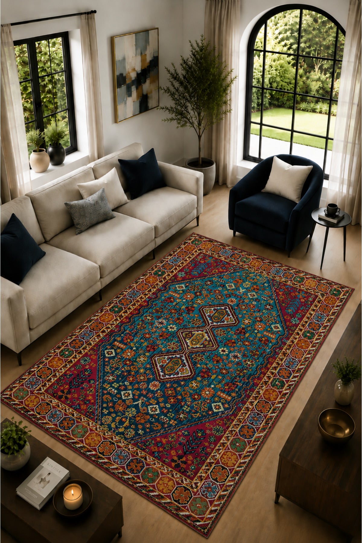Anatolia Turquoise Turkuaz Etnik Desenli Modern Kaymaz Dijital Baskı Halı
