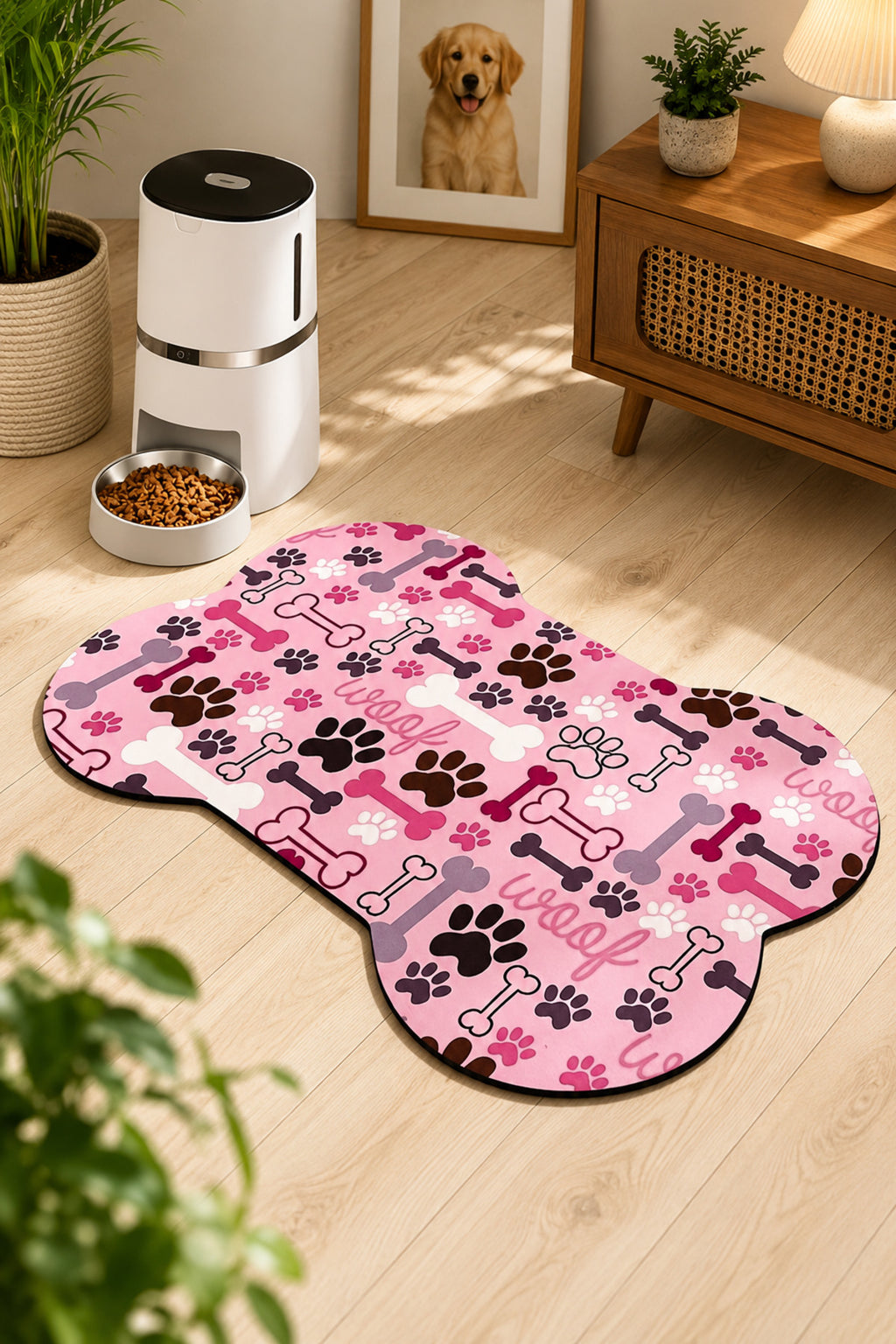 Kedi ve Köpek Mama Altlığı 60x90 cm – Kemik Şekilli Renkli Dijital Baskılı, Kaymaz Taban, Yıkanabilir Mama Paspası