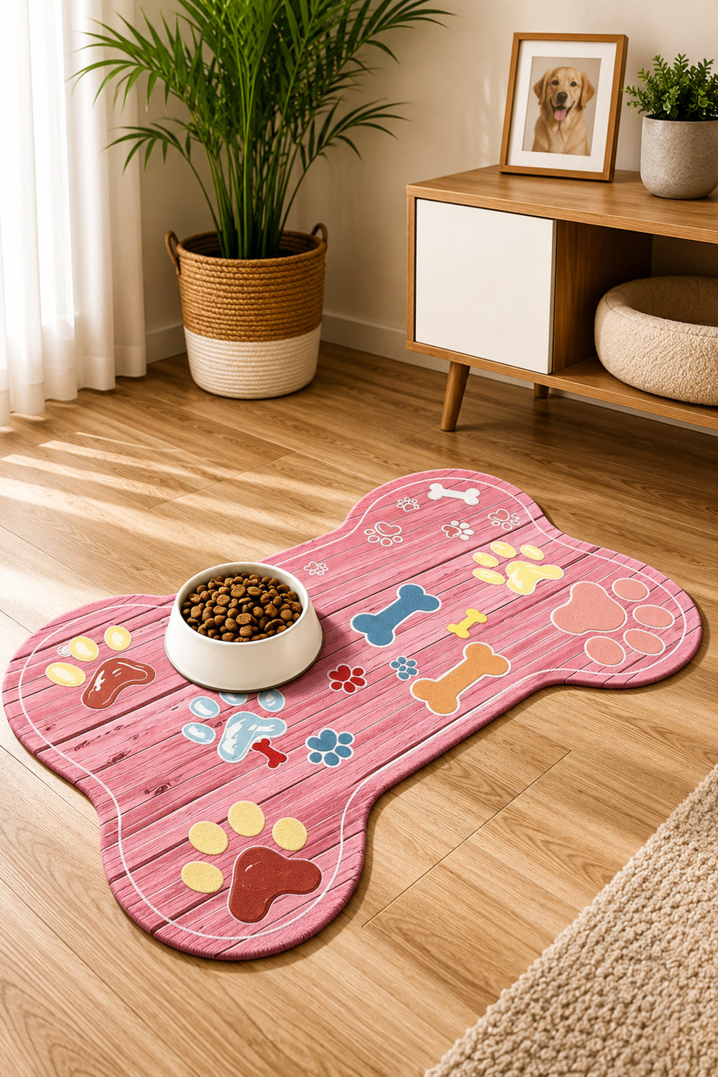 Kedi ve Köpek Mama Altlığı 60x90 cm – Kemik Şekilli Renkli Dijital Baskılı, Kaymaz Taban, Yıkanabilir Mama Paspası