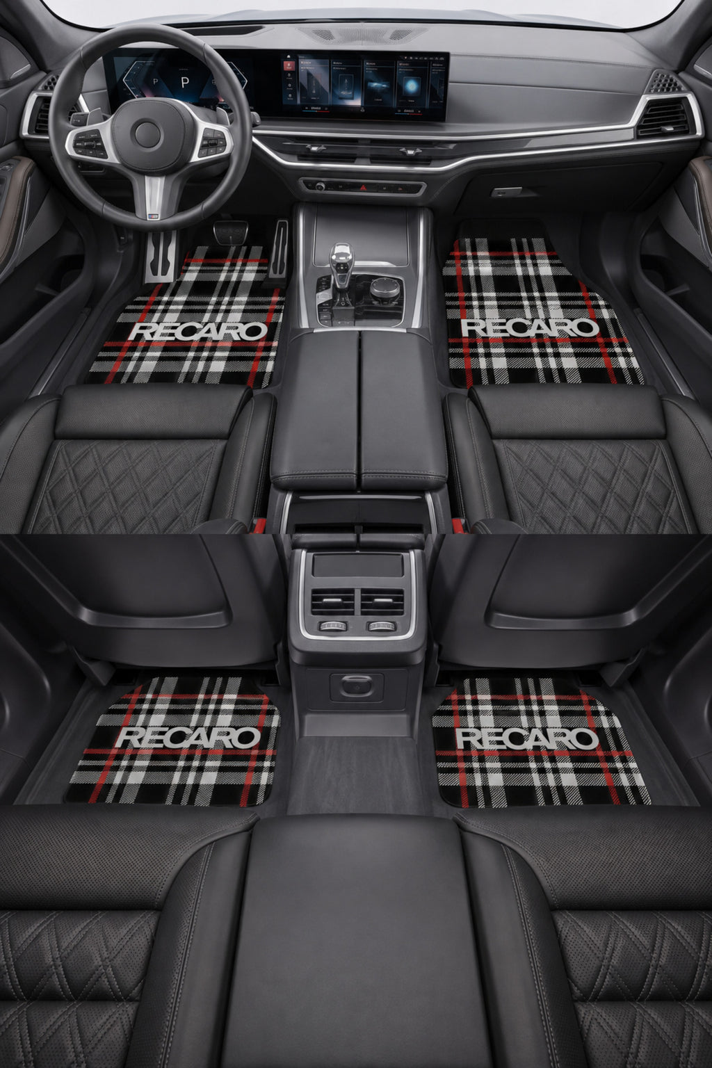 RECARO Temalı Siyah Beyaz Kırmızı Ekose – Kişiye Özel Tasarım Araç İçi Oto Paspası 4'lü Set – Universal Tüm Araç Modellerine 