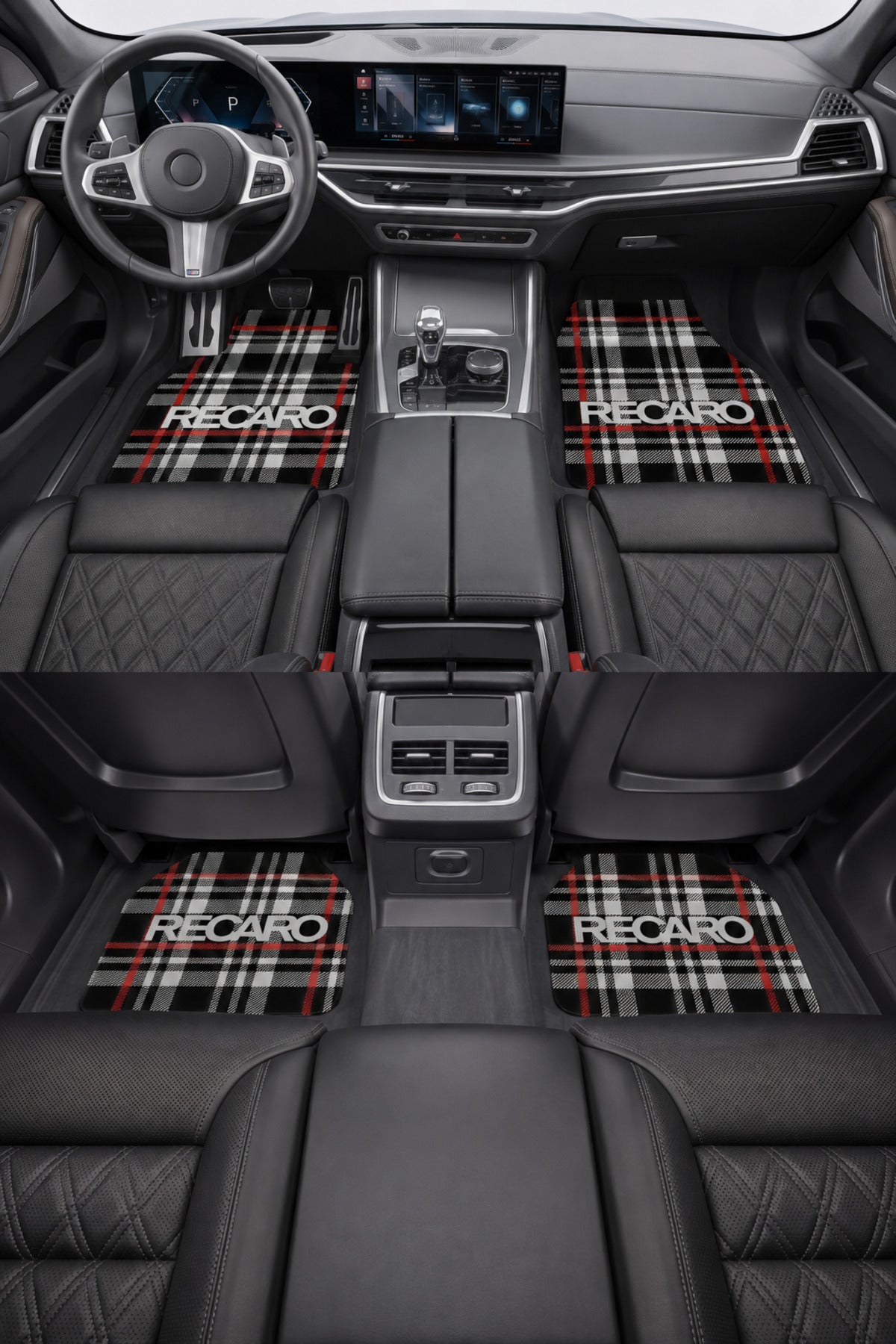 RECARO Temalı Siyah Beyaz Kırmızı Ekose – Kişiye Özel Tasarım Araç İçi Oto Paspası 4'lü Set – Universal Tüm Araç Modellerine 