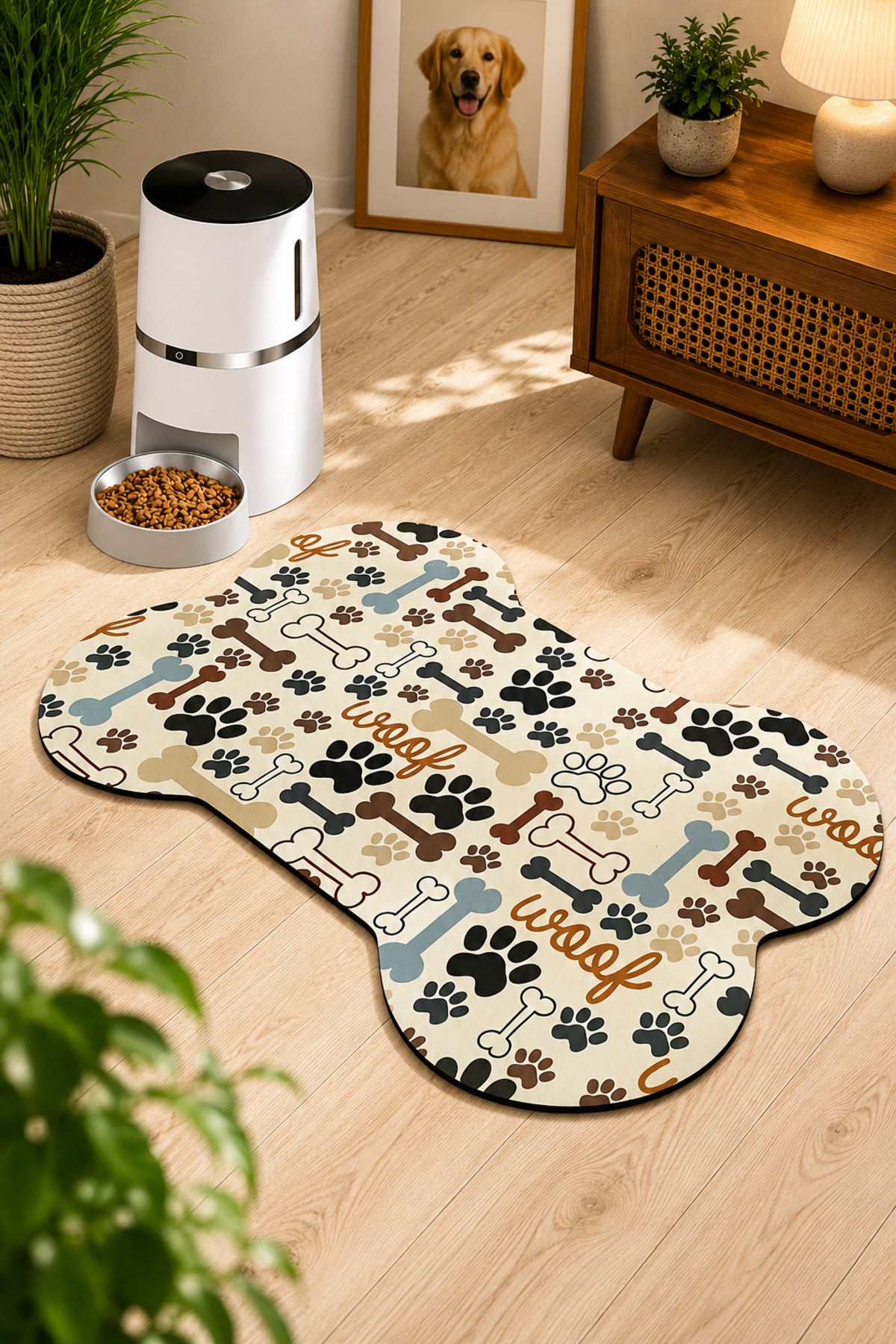 Kedi ve Köpek Mama Altlığı 60x90 cm – Kemik Şekilli Renkli Dijital Baskılı, Kaymaz Taban, Yıkanabilir Mama Paspası