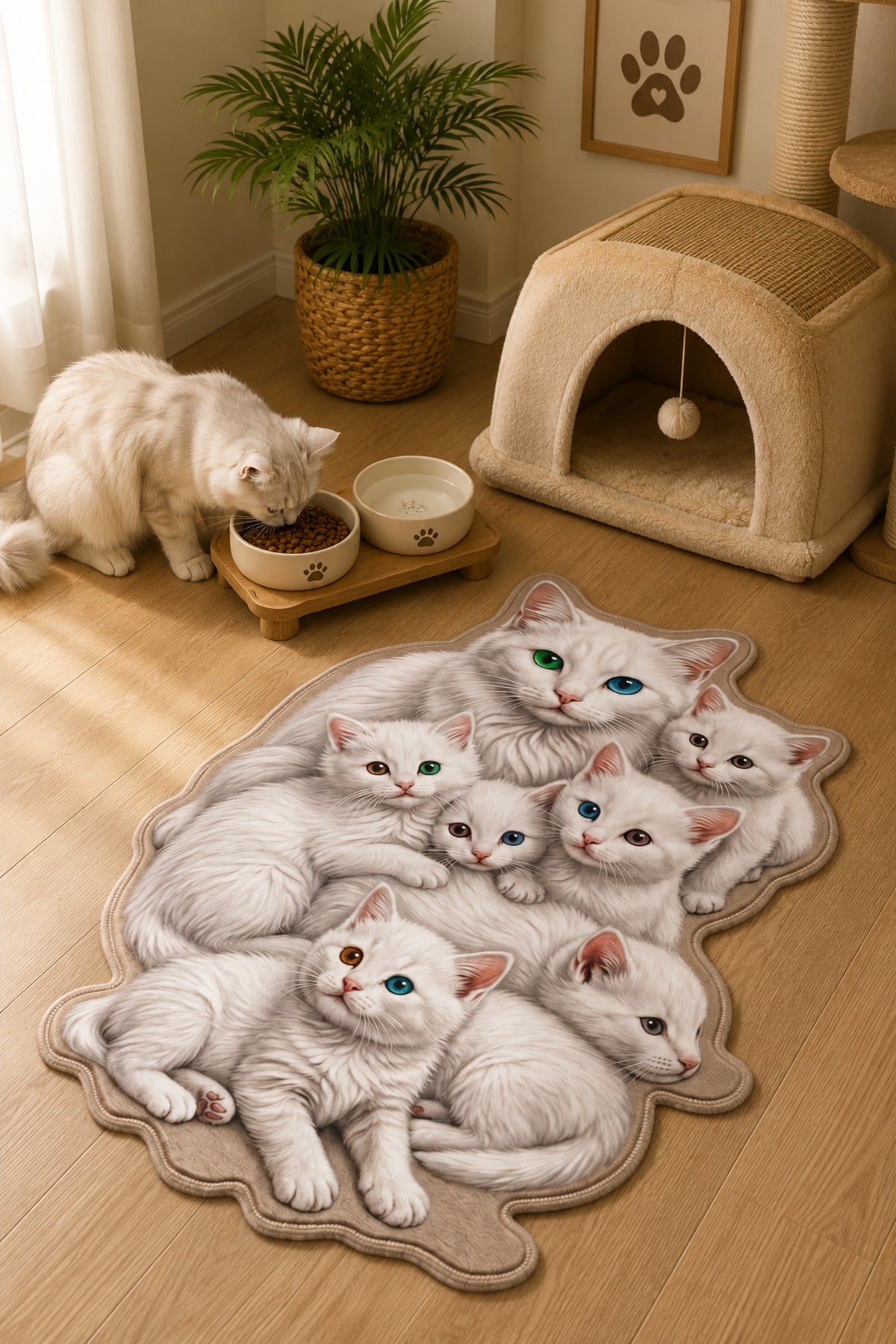 Dijital Baskılı Kaymaz Taban Yıkanabilir Renkli Kedi figürlü asimetrik kesim evcil hayvan mama paspası 60x90cm