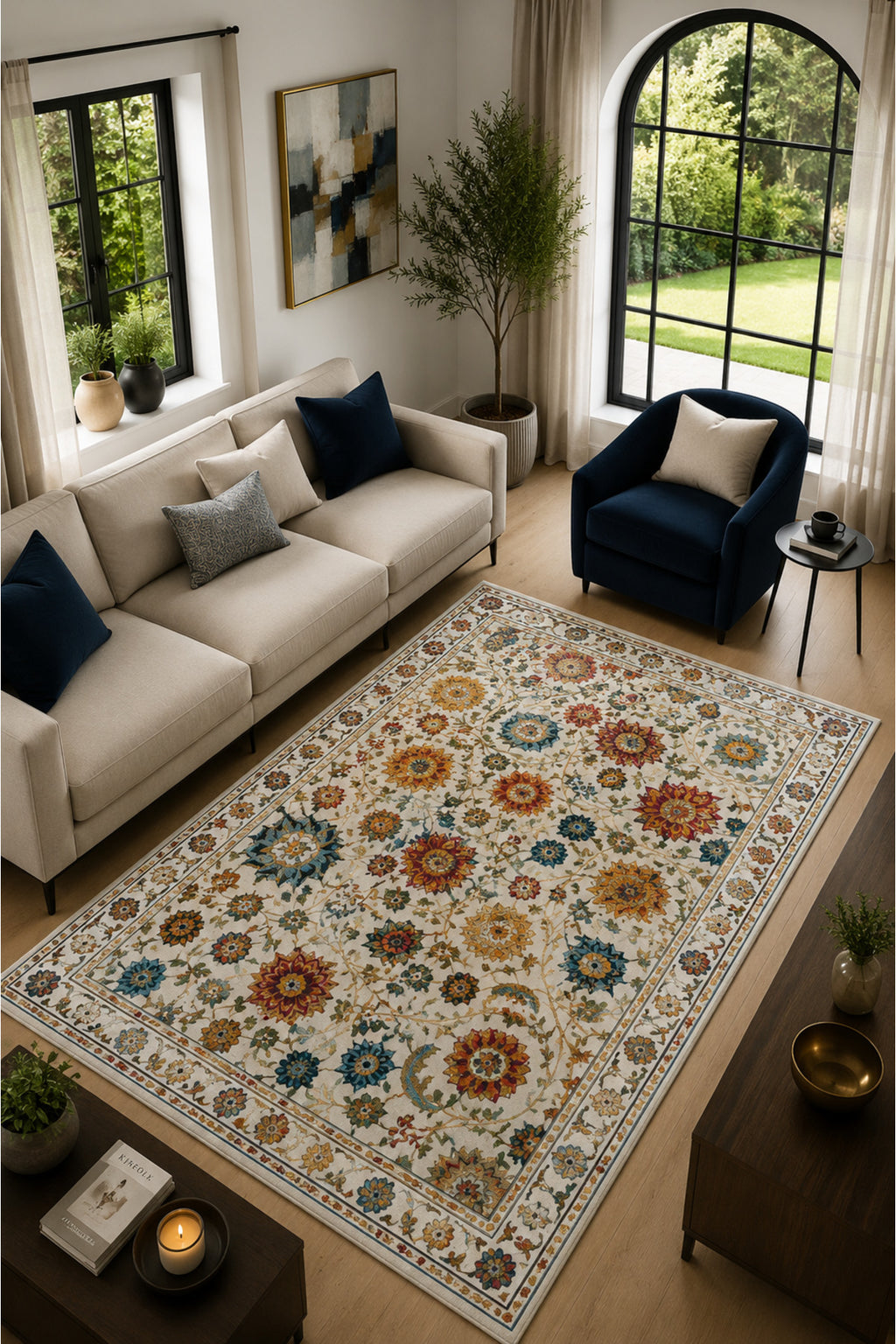 Ottoman Bloom Renkli Çiçek Desenli Modern Kaymaz Dijital Baskı Salon halısı