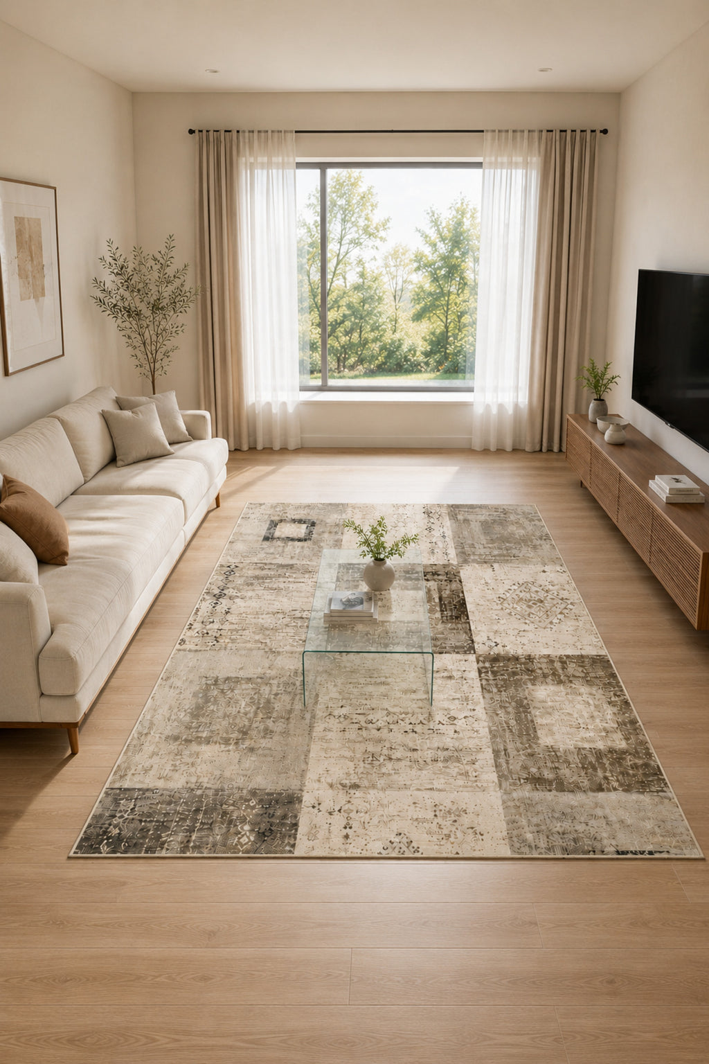Urban Patchwork Modern Geometrik ve Eskitme Desenli Dijital Baskı Kaymaz Taban Yıkanabilir Salon Halısı – 5 Desen ve Farklı Ö