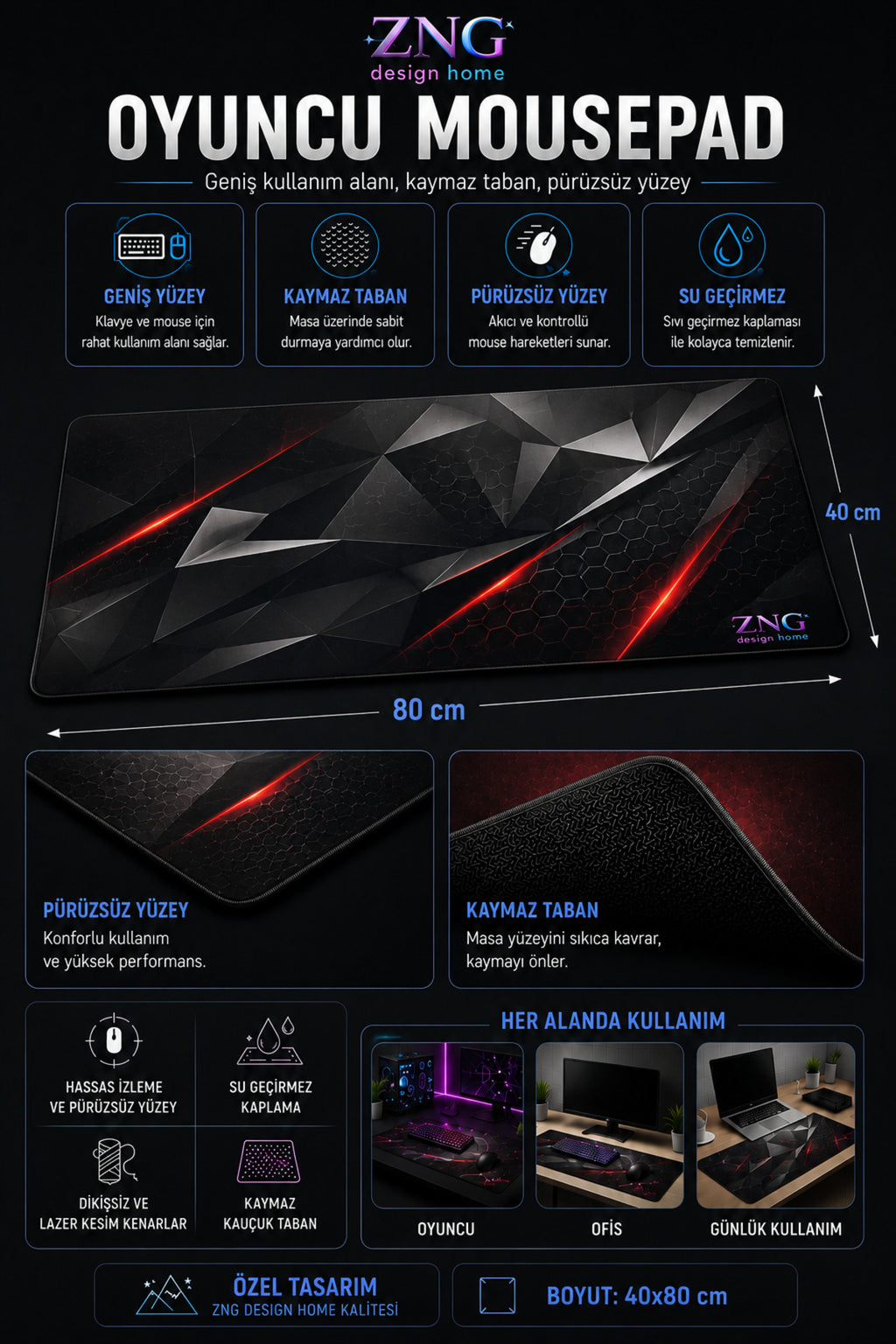 Abstract Collection 80x40 cm Büyük Boy Gaming Mousepad Kaymaz Taban Deskmat