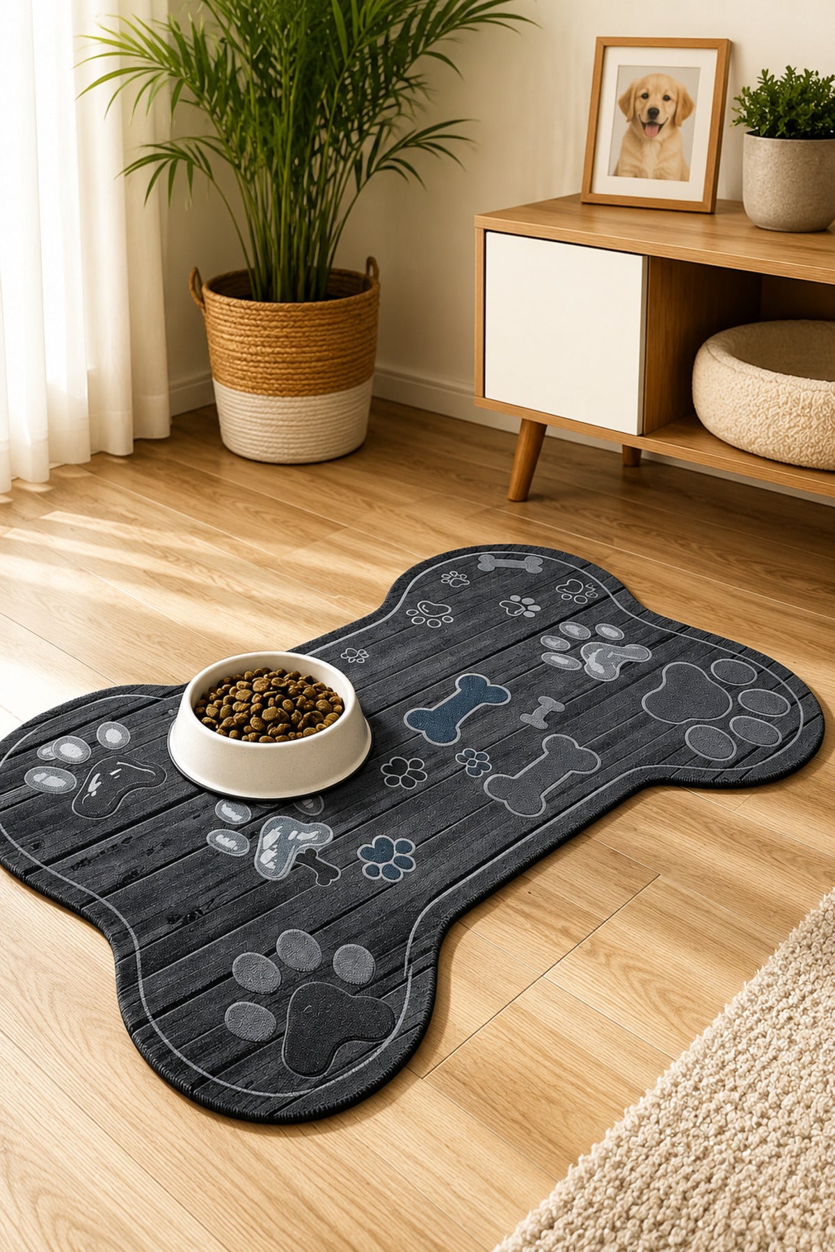 Kedi ve Köpek Mama Altlığı 60x90 cm – Kemik Şekilli Renkli Dijital Baskılı, Kaymaz Taban, Yıkanabilir Mama Paspası