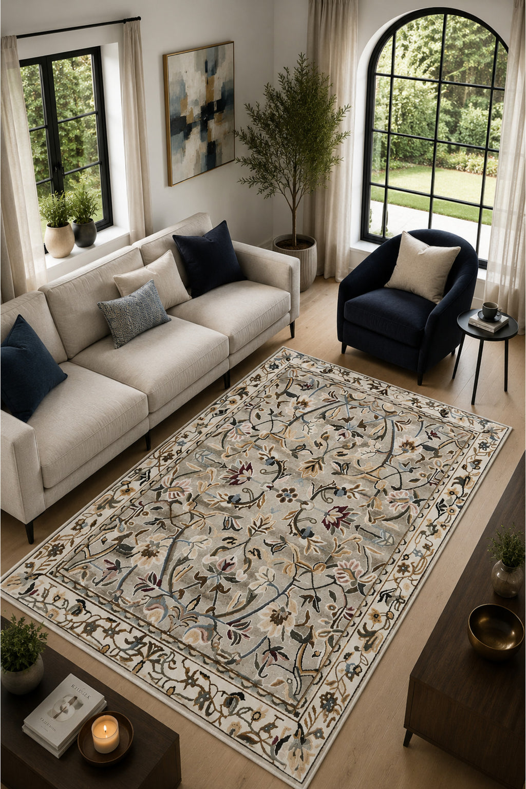 Home Royal Magnolia Krem Çiçek Desenli Modern Kaymaz Dijital Baskı Halı