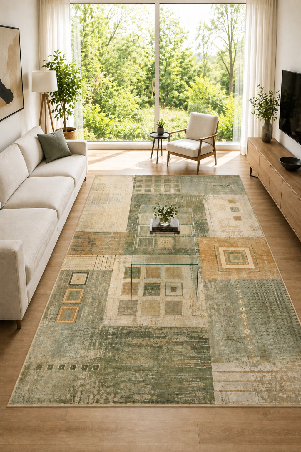 Urban Patchwork Modern Geometrik ve Eskitme Desenli Dijital Baskı Kaymaz Taban Yıkanabilir Salon Halısı – 5 Desen ve Farklı Ö