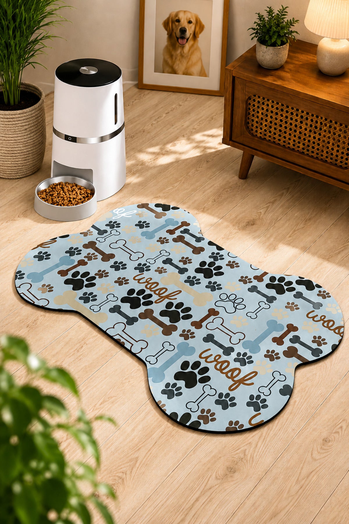 Kedi ve Köpek Mama Altlığı 60x90 cm – Kemik Şekilli Renkli Dijital Baskılı, Kaymaz Taban, Yıkanabilir Mama Paspası