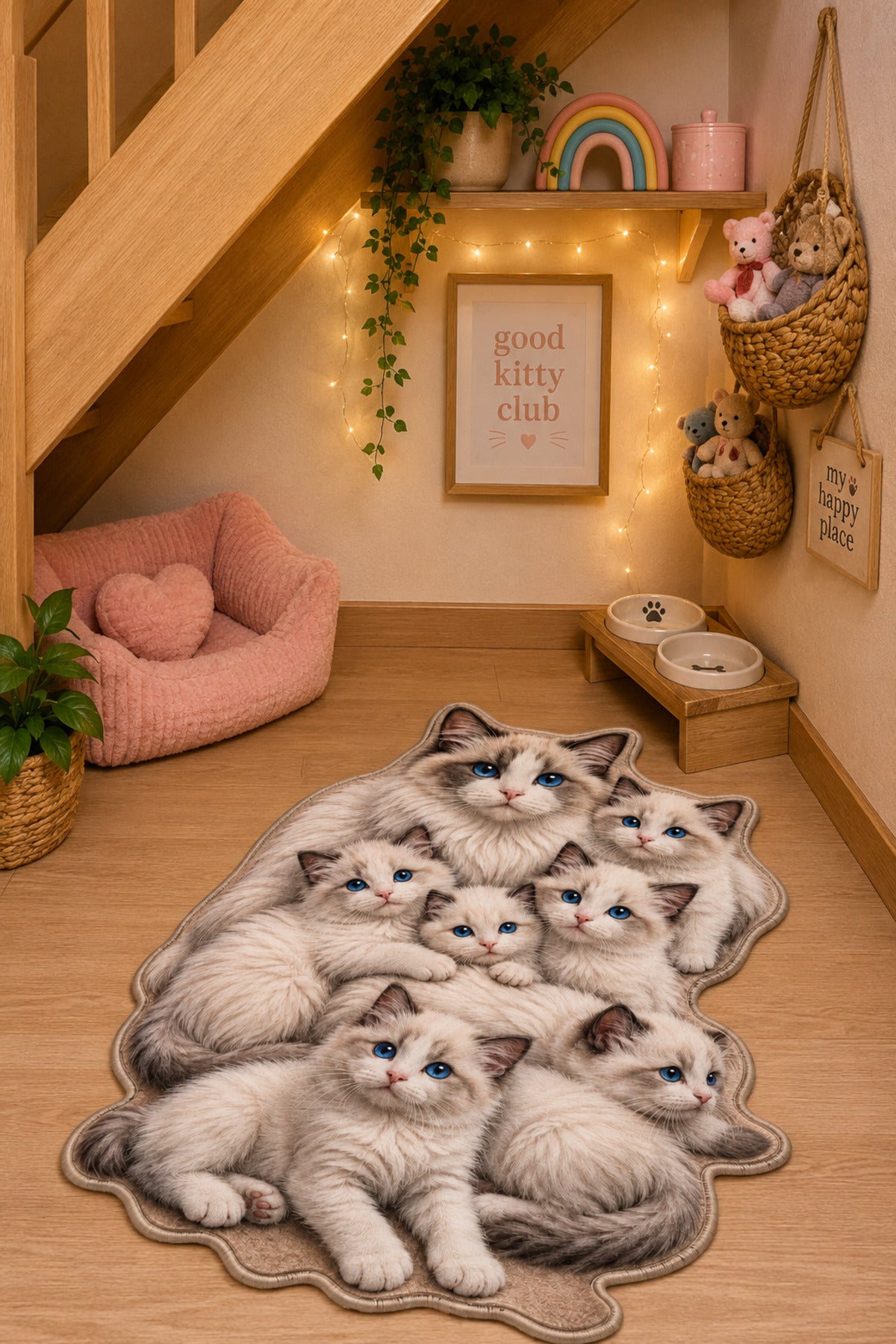 Evcil Dostlar Figürlü Dekoratif -Dijital Baskılı Kaymaz Taban Yıkanabilir Renkli Kedi figürlü asimetrik-Düzensiz kesim evcil hayvan mama paspası-Mama Altlığı 60x90cm - oda mock-up görseli