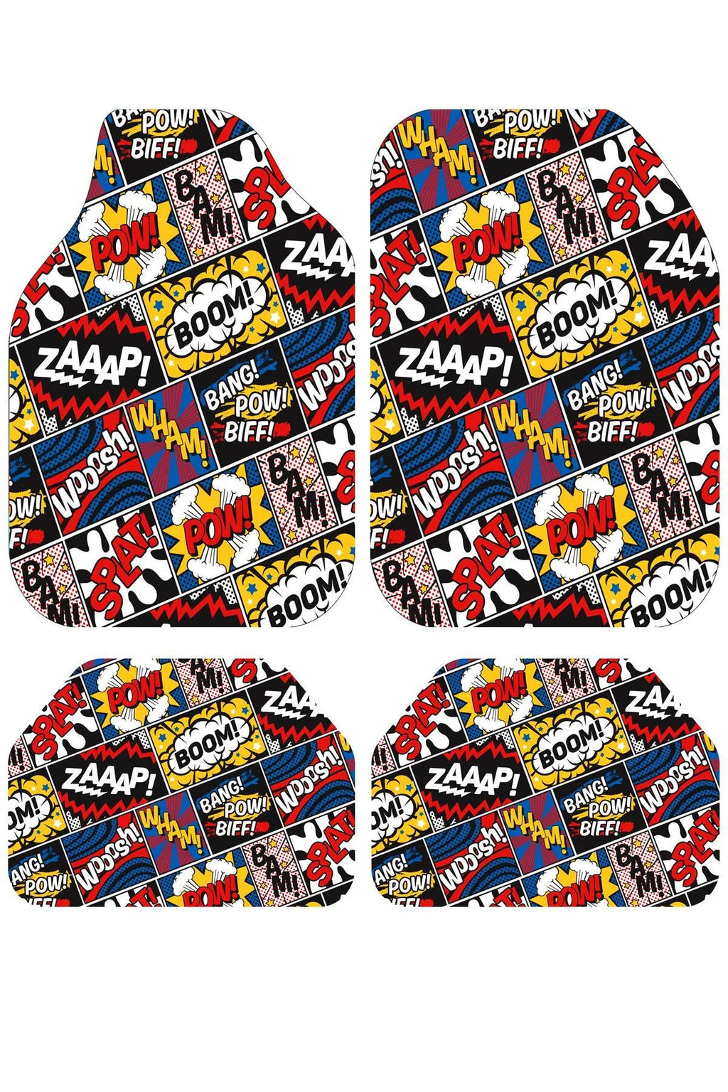 COMIC BLAST Pop Art Temalı Universal Premium Araç İçi Oto Paspası 4'lü Set – Tüm Araç Modellerine Uygun – Kaymaz DOT Taban