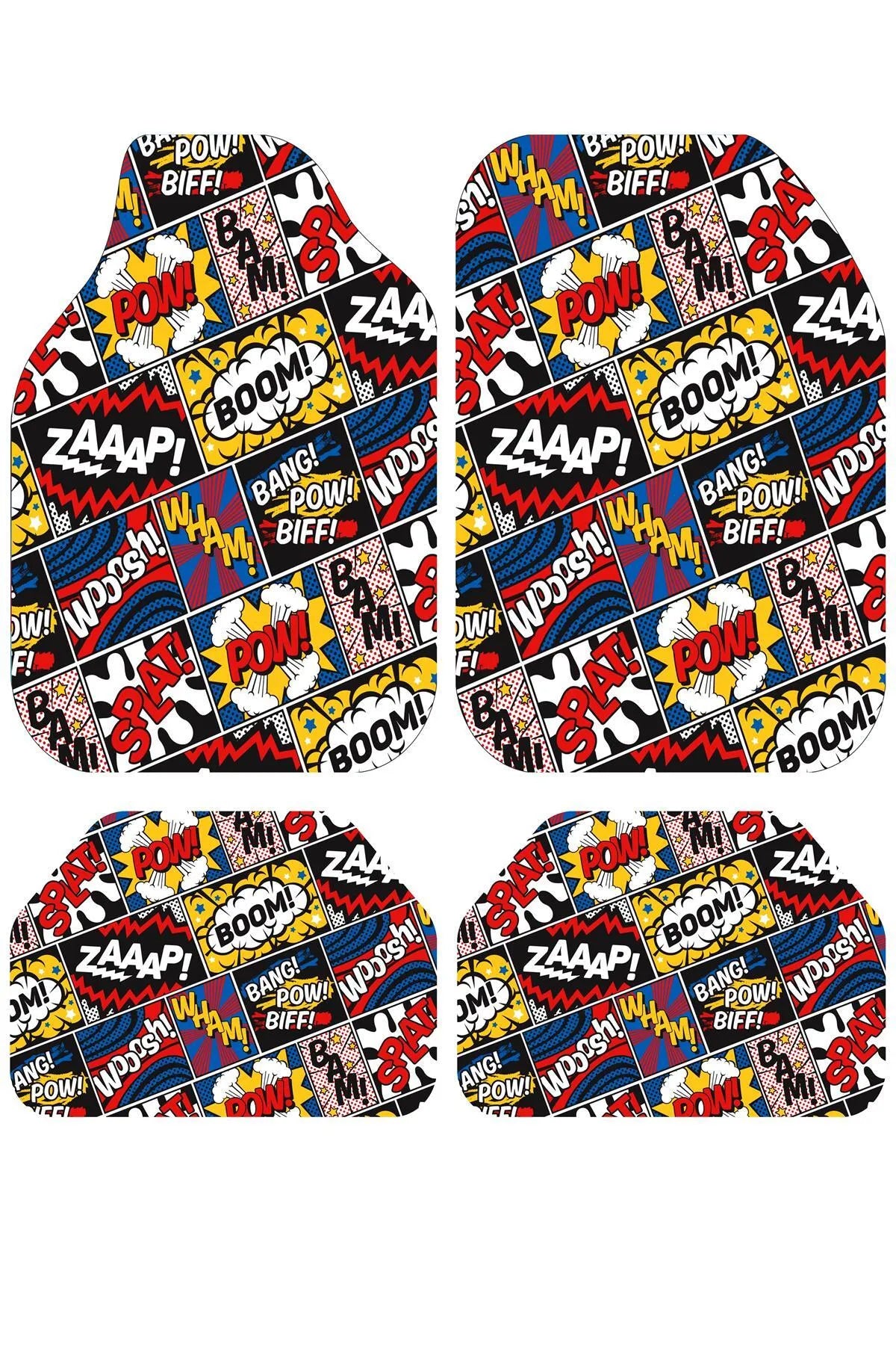 COMIC BLAST Pop Art Temalı Universal Premium Araç İçi Oto Paspası 4'lü Set – Tüm Araç Modellerine Uygun – Kaymaz DOT Taban