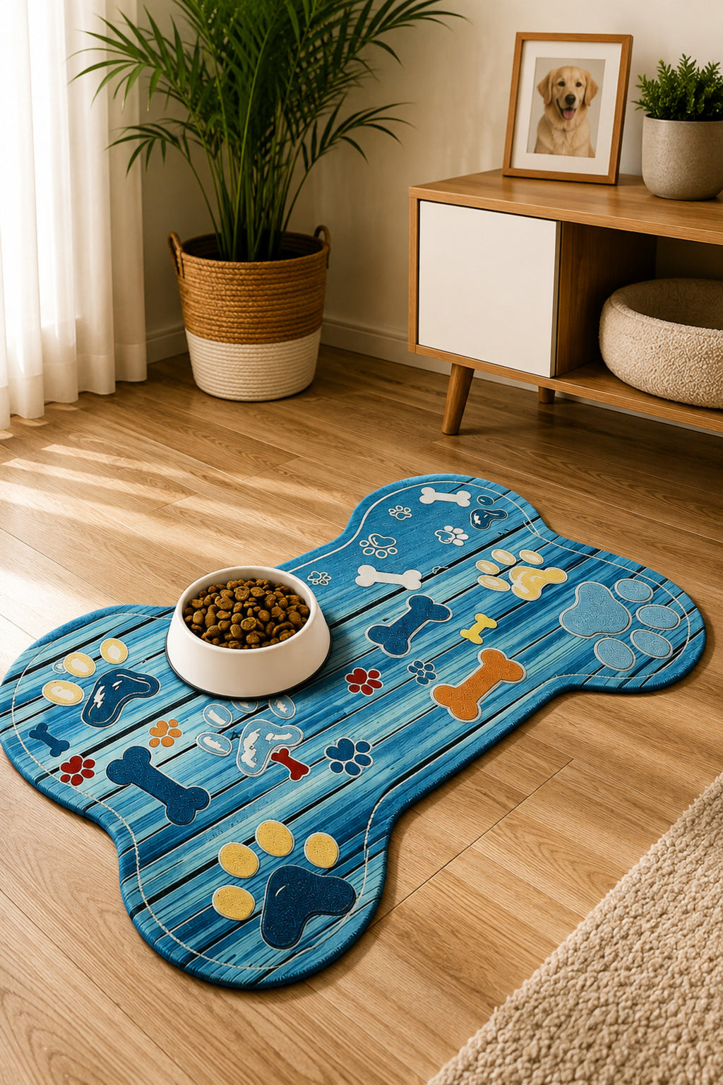 Kedi ve Köpek Mama Altlığı 60x90 cm – Kemik Şekilli Renkli Dijital Baskılı, Kaymaz Taban, Yıkanabilir Mama Paspası