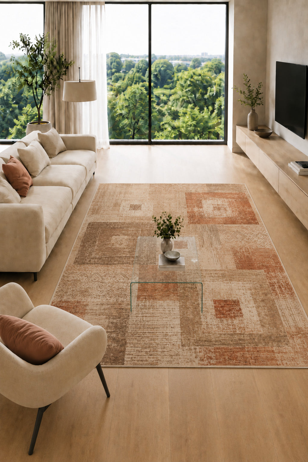 Urban Patchwork Modern Geometrik ve Eskitme Desenli Dijital Baskı Kaymaz Taban Yıkanabilir Salon Halısı – 5 Desen ve Farklı Ö