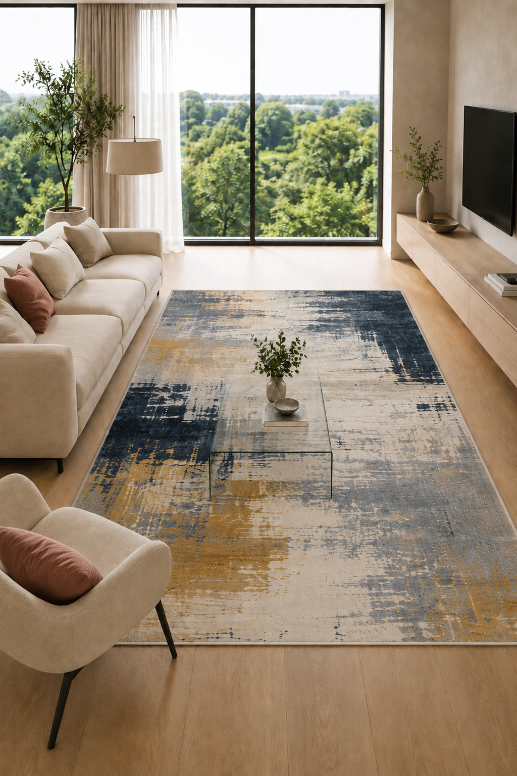 Urban Canvas Modern Soyut Eskitme Desenli Dijital Baskı Kaymaz Taban Yıkanabilir Salon Halısı – 4 Desen ve Farklı Ölçü Seçene