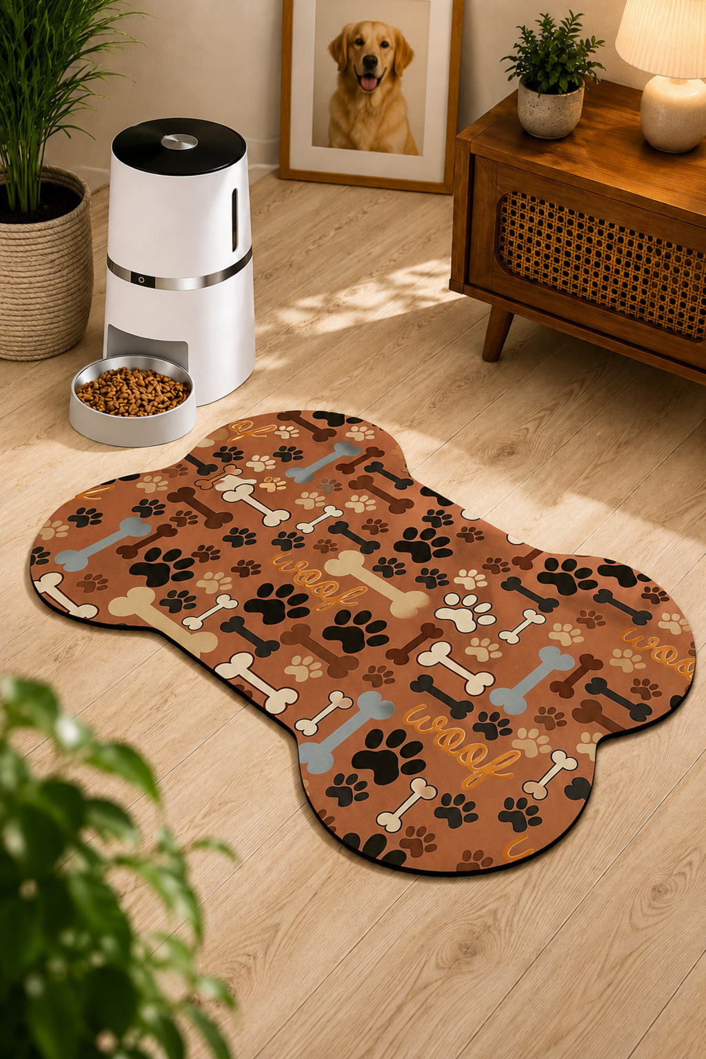 Kedi ve Köpek Mama Altlığı 60x90 cm – Kemik Şekilli Renkli Dijital Baskılı, Kaymaz Taban, Yıkanabilir Mama Paspası
