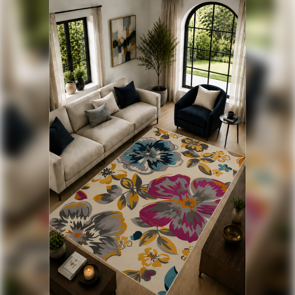 Rustic Flora Bohem Çiçek Desenli Modern Kaymaz Dijital Baskı Halı