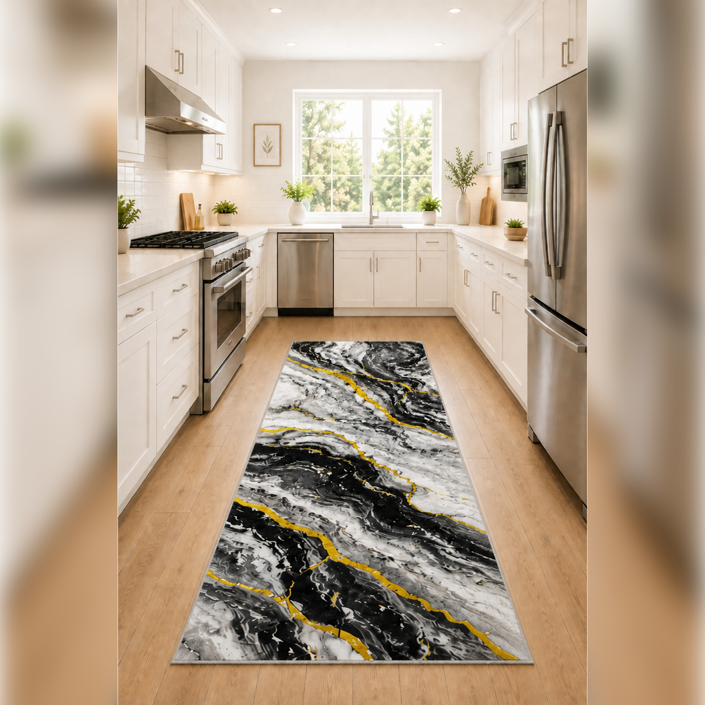 GILDED MARBLE COLLECTION Kişiye Özel Üretim Dekoratif Kaymaz Taban Mutfak-Salon-Hol-Yatak odası-Genç Odası Halısı – Dijital Baskı Yıkanabilir – Farklı Ölçü Seçenekleri