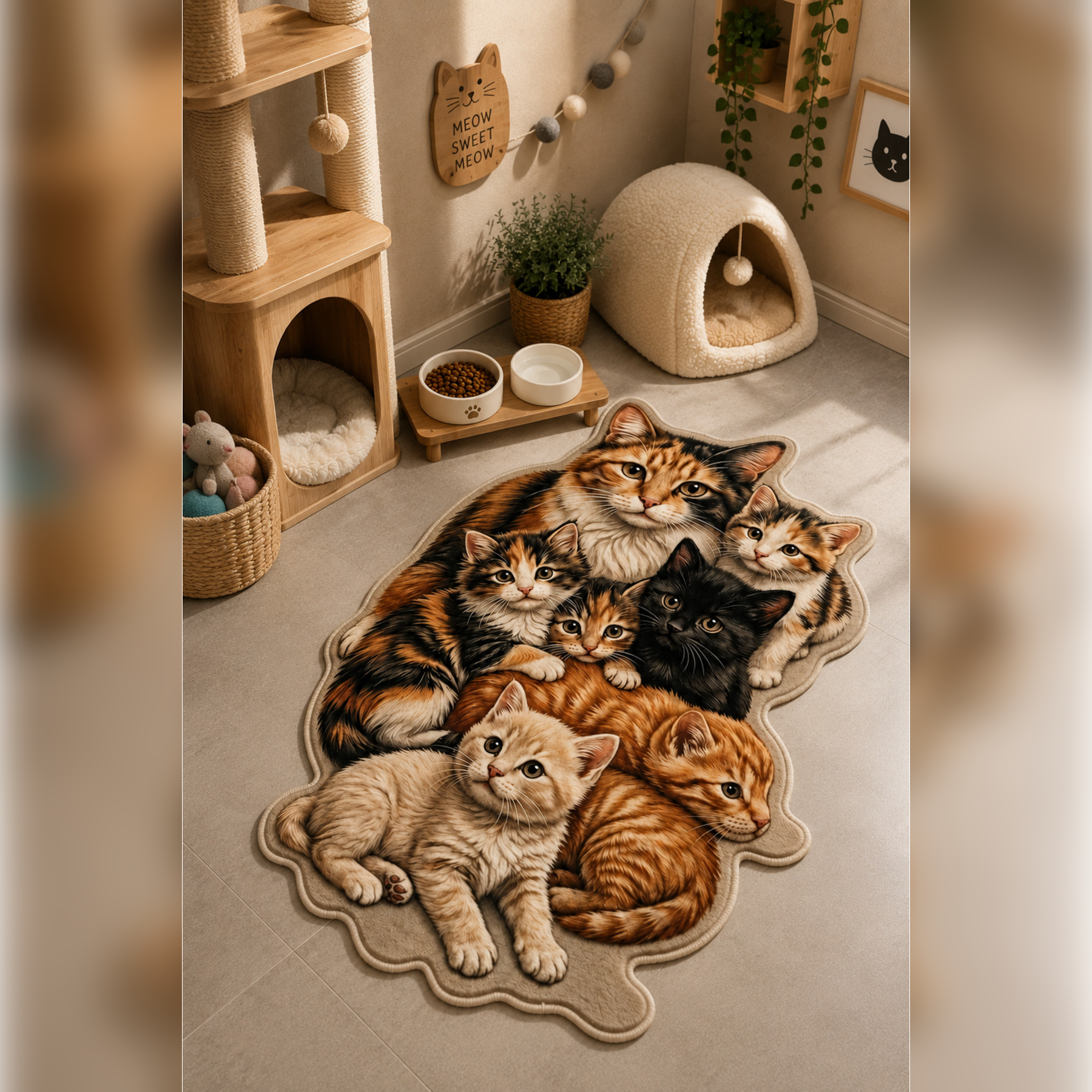 Dijital Baskılı Kaymaz Taban Yıkanabilir Renkli Kedi figürlü asimetrik kesim evcil hayvan mama paspası 60x90cm