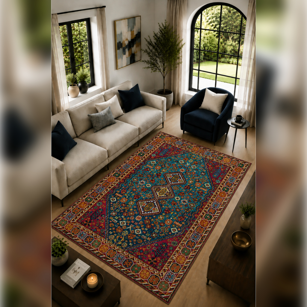 Anatolia Turquoise Turkuaz Etnik Desenli Modern Kaymaz Dijital Baskı Halı