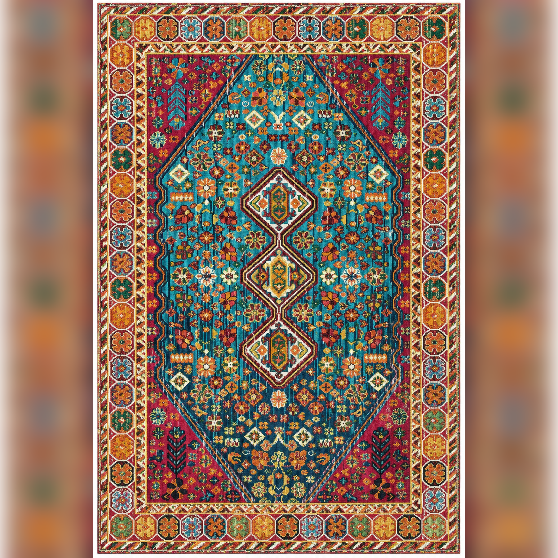 Anatolia Turquoise Turkuaz Etnik Desenli Modern Kaymaz Dijital Baskı Halı