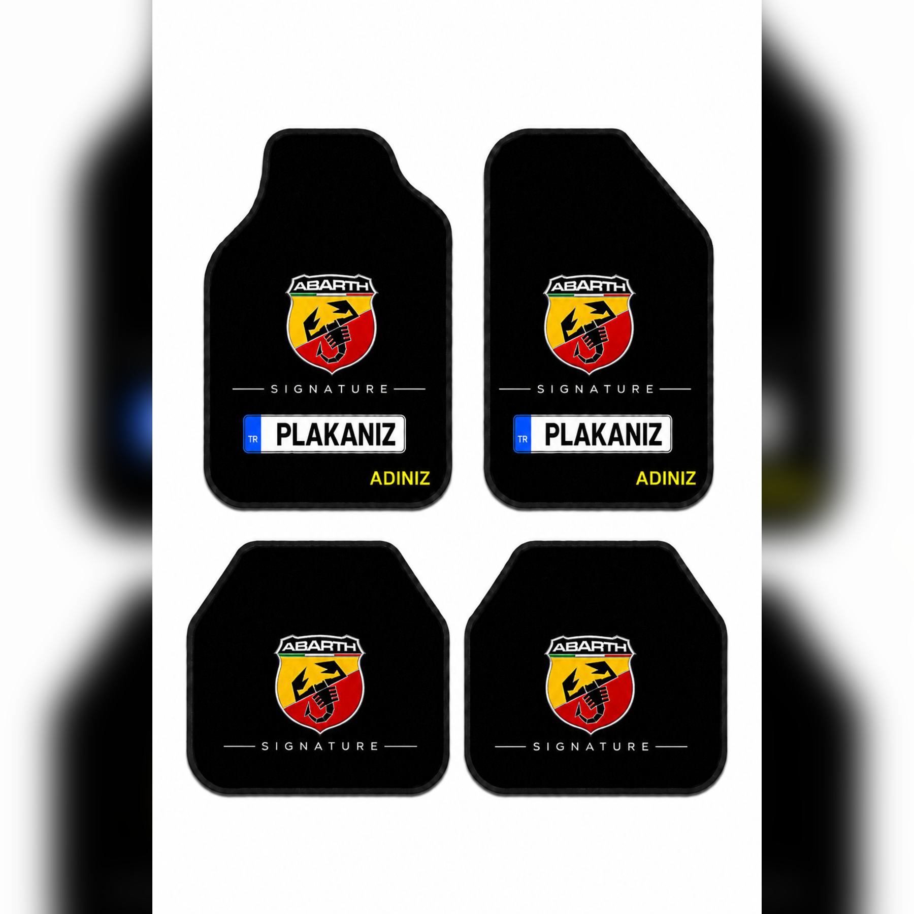 Fiat Abarth Signature Kişiye Özel İsim ve Plaka Baskılı Universal Premium Araç İçi Oto Paspası 4'lü Set– Tüm Araç Modellerine Uyumlu-Kaymaz DOT Taban