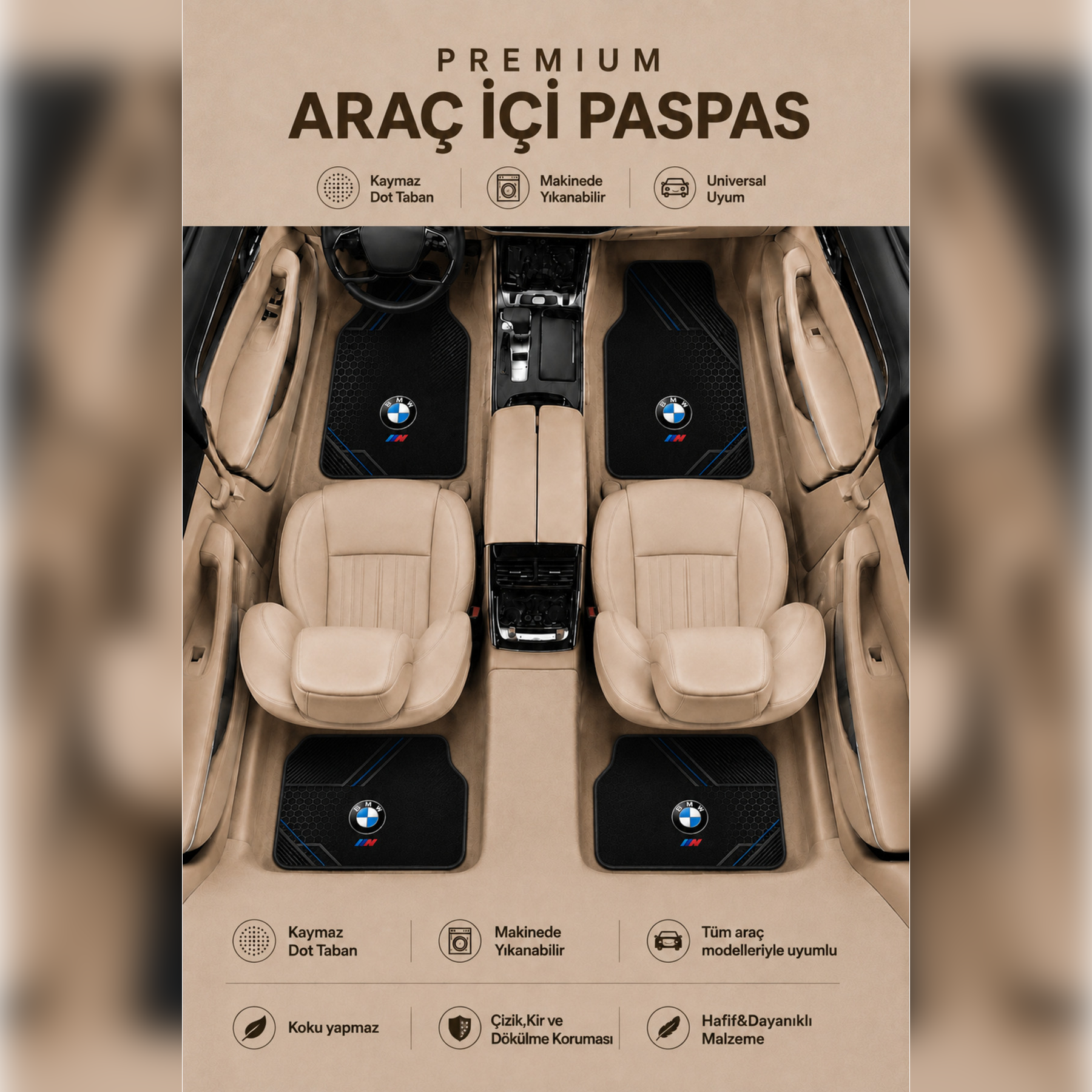 BMW M Tasarımlı Universal Premium Araç İçi Oto Paspası 4'lü Set – Tüm Araç Modellerine Uyumlu-Kaymaz DOT Taban