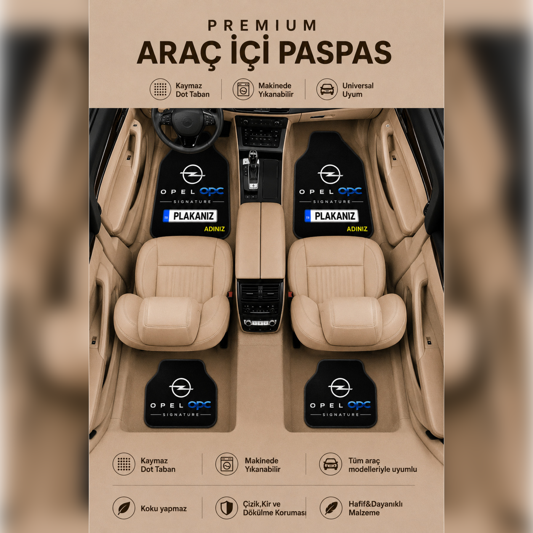 OPEL OPC Kişiye Özel İsim ve Plaka Baskılı Universal Premium Araç İçi Oto Paspası 4'lü Set– Tüm Araç Modellerine Uyumlu-Kaymaz DOT Taban