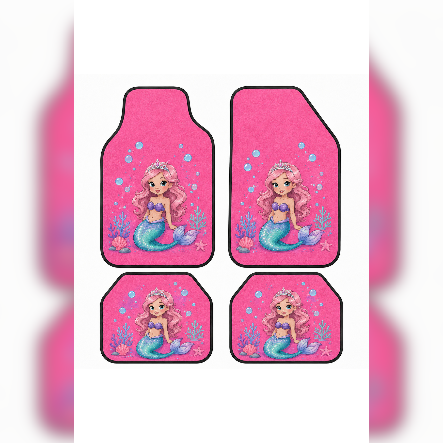 Mermaid Dream Figürlü Pembe Tasarım Universal Premium Araç İçi Oto Paspası 4'lü Set – Tüm Araç Modellerine Uygun – Kaymaz DOT Taban