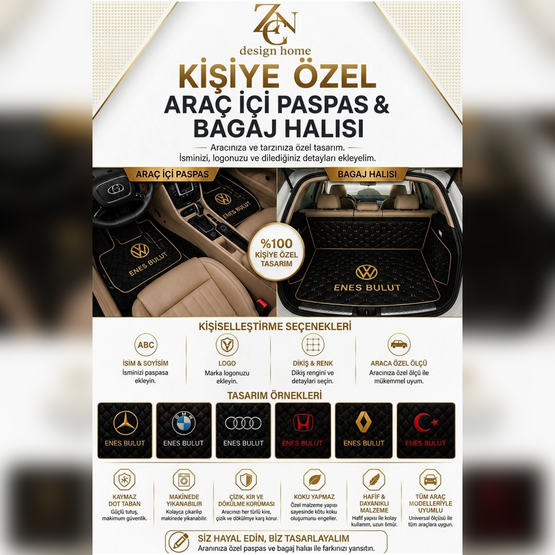 KONI 7 Kişiye Özel Tasarım Universal Premium Araç İçi Oto Paspası 4'lü Set– Tüm Araç Modellerine Uyumlu-Kaymaz DOT Taban
