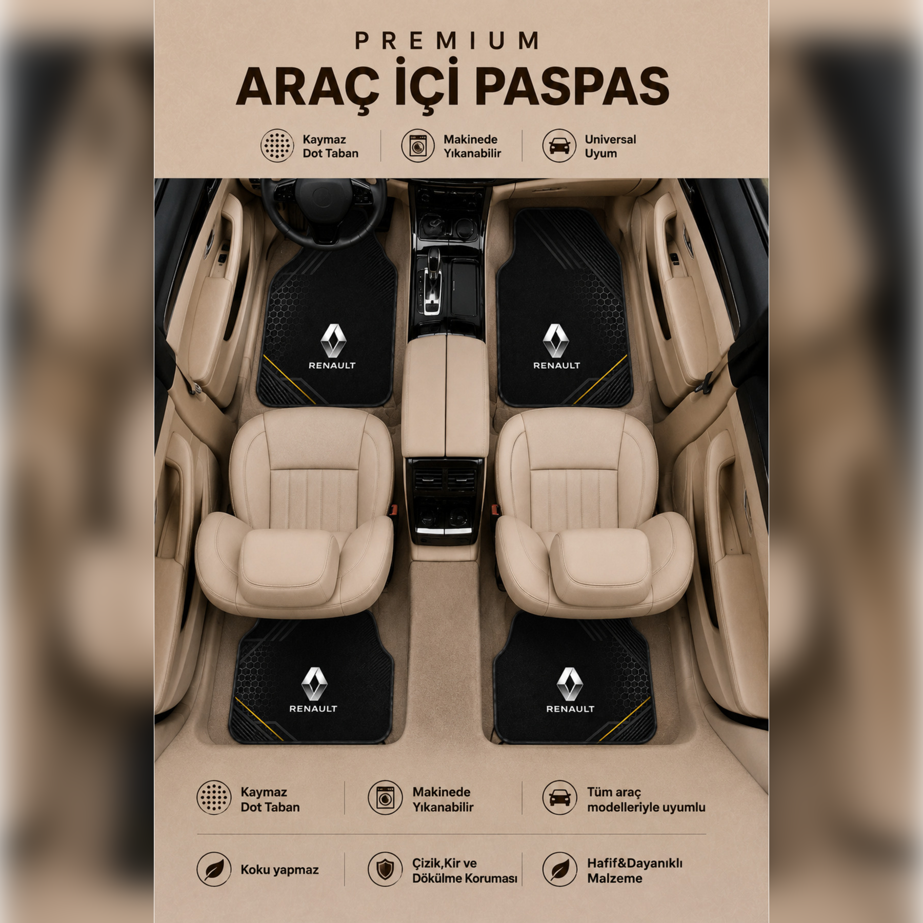 Renault Tasarımlı Universal Premium Araç İçi Oto Paspası 4'lü Set – Tüm Araç Modellerine Uyumlu-Kaymaz DOT Taban