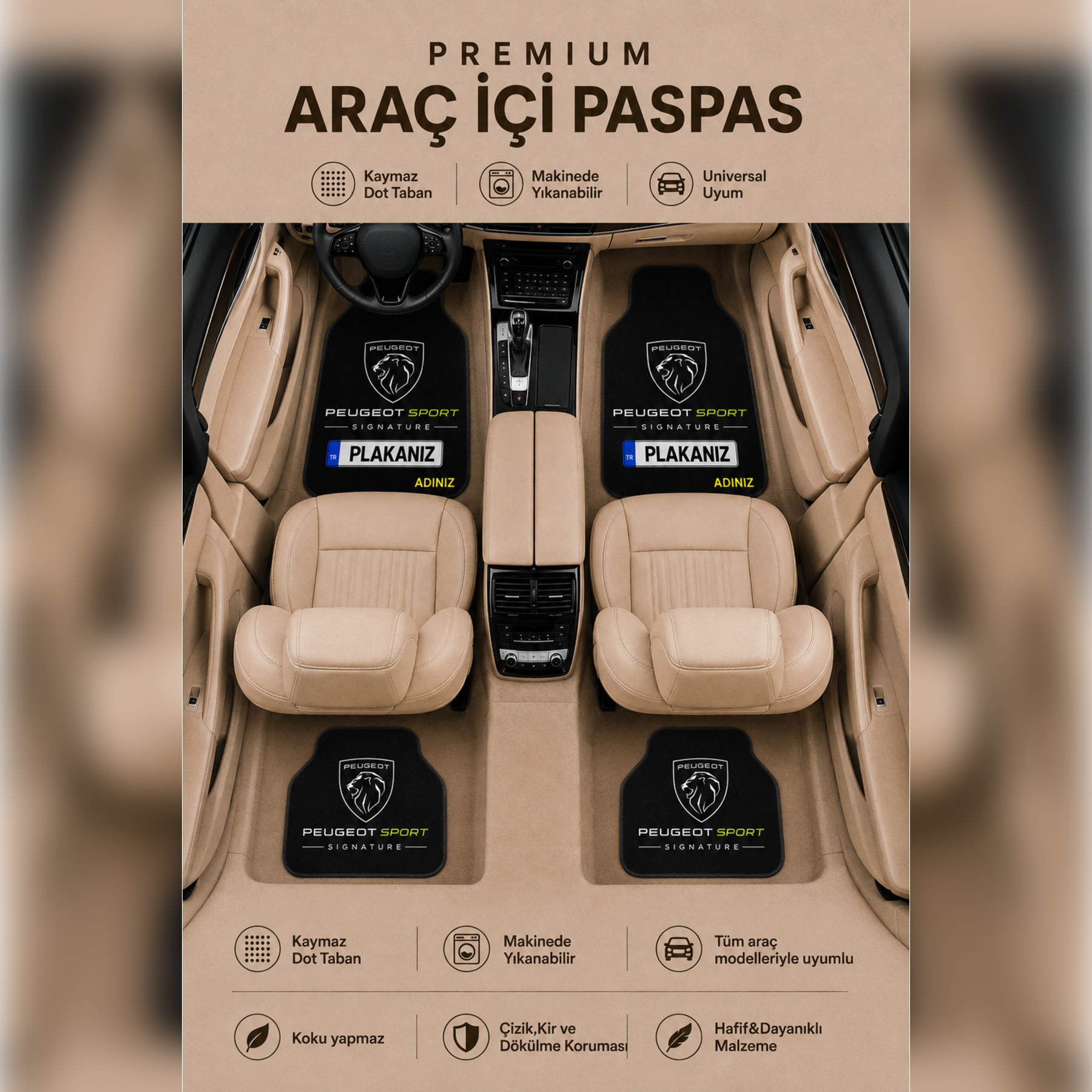 Peugeot-Sport Kişiye Özel İsim ve Plaka Baskılı Universal Premium Araç İçi Oto Paspası 4'lü Set– Tüm Araç Modellerine Uyumlu-Kaymaz DOT Taban