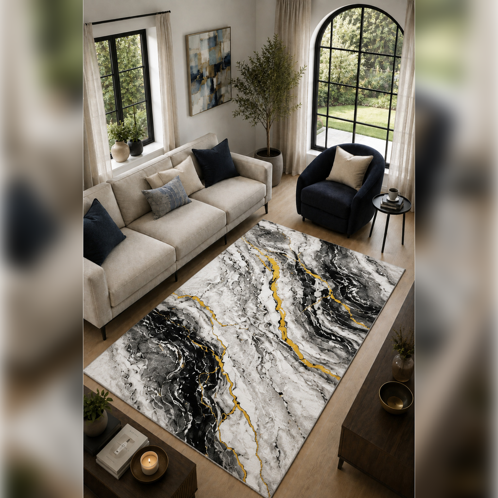 GILDED MARBLE COLLECTION Kişiye Özel Üretim Dekoratif Kaymaz Taban Mutfak-Salon-Hol-Yatak odası-Genç Odası Halısı – Dijital Baskı Yıkanabilir – Farklı Ölçü Seçenekleri