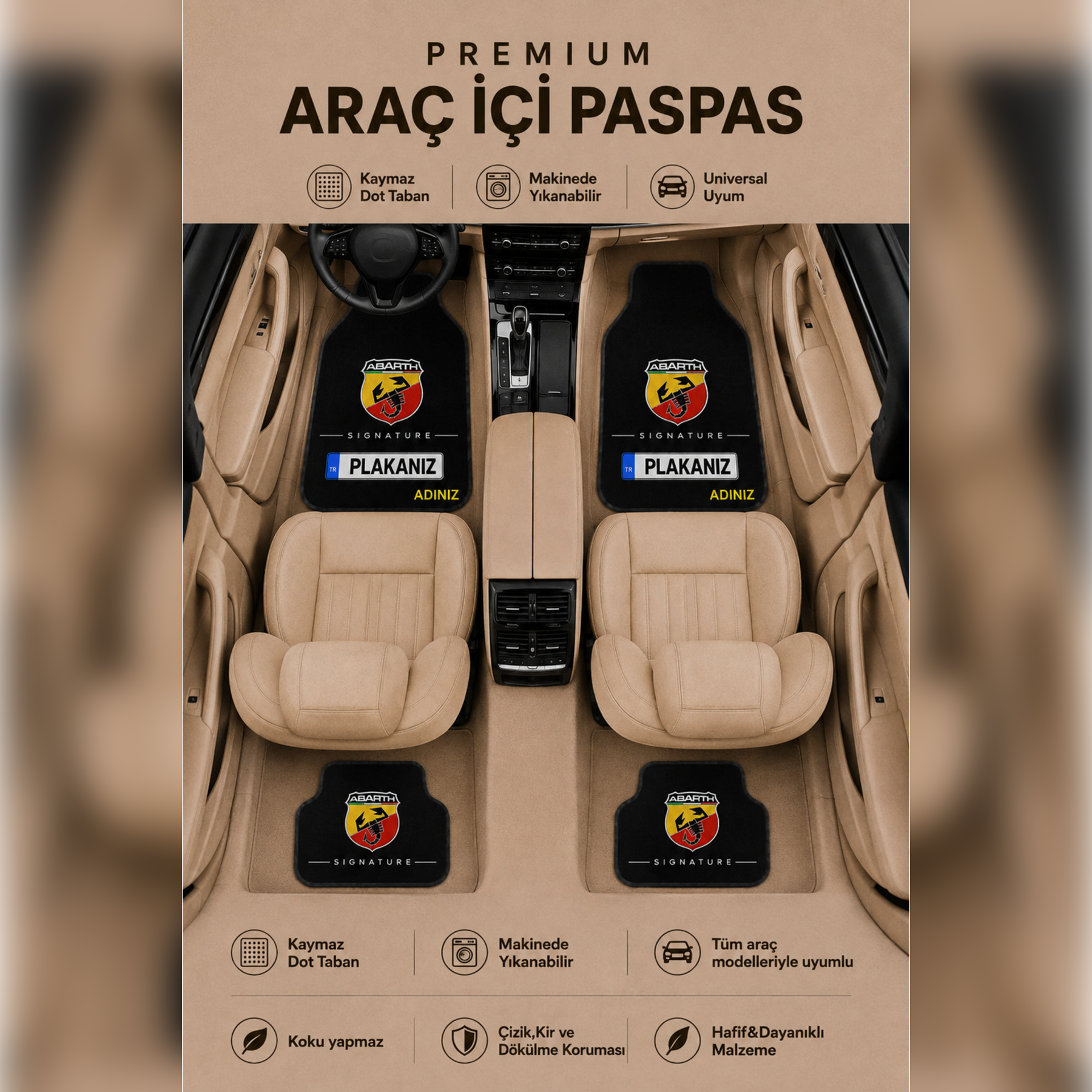 Fiat Abarth Signature Kişiye Özel İsim ve Plaka Baskılı Universal Premium Araç İçi Oto Paspası 4'lü Set– Tüm Araç Modellerine Uyumlu-Kaymaz DOT Taban