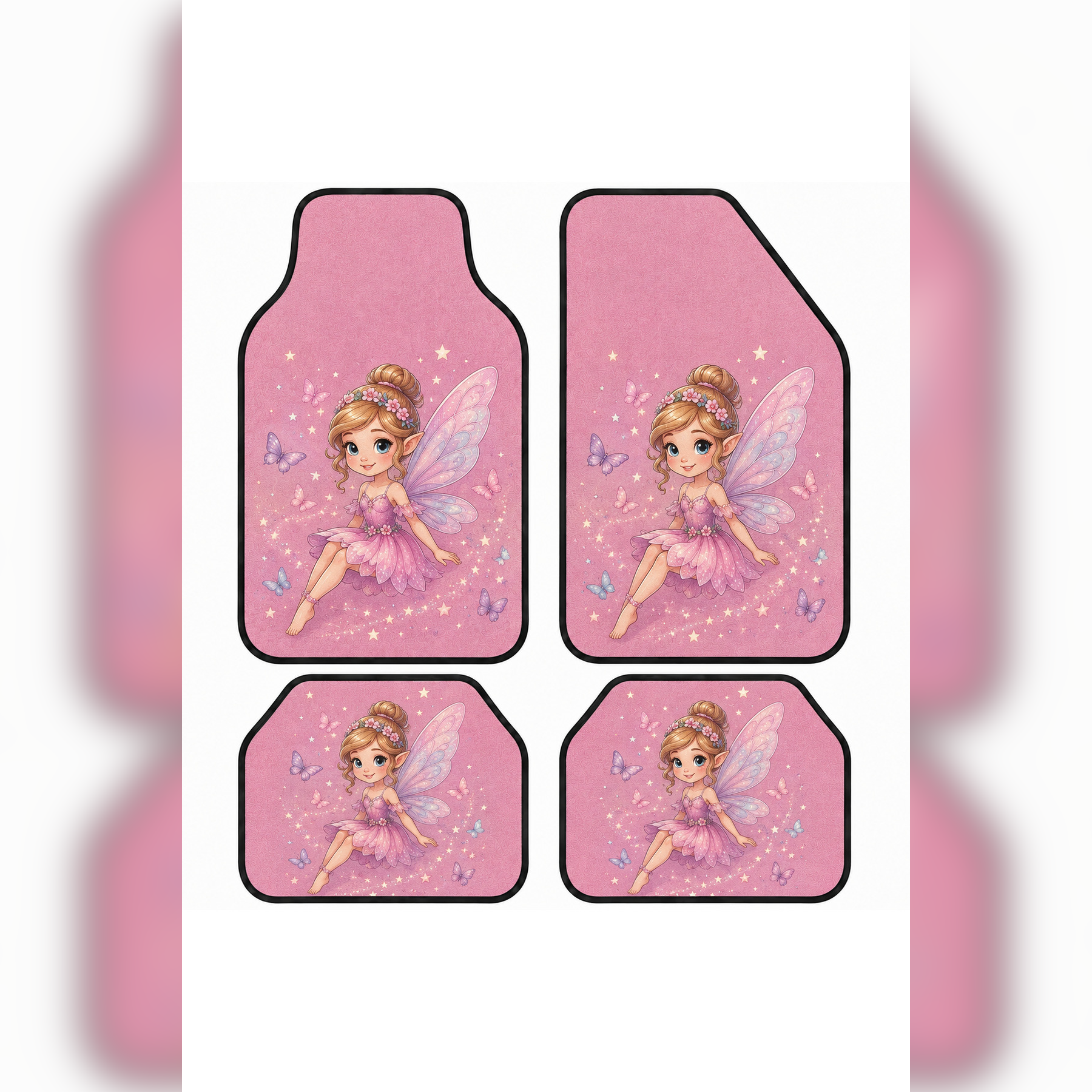 Fairy Dream Figürlü Pembe Tasarım Universal Premium Araç İçi Oto Paspası 4'lü Set – Tüm Araç Modellerine Uygun – Kaymaz DOT Taban