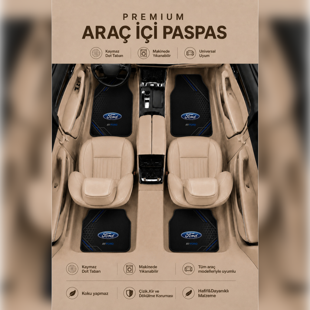 Ford Uyumlu Universal Premium Araç İçi Oto Paspası 4'lü Set – Tüm Araç Modellerine Uyumlu-Kaymaz DOT Taban