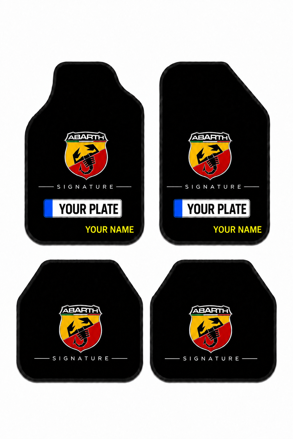 Fiat Abarth Signature Custom Name and License Plate Printed Universal Premium Car Floor Mats 4-Piece Set – Compatible with All Car Models - Non-Slip DOT Backing
