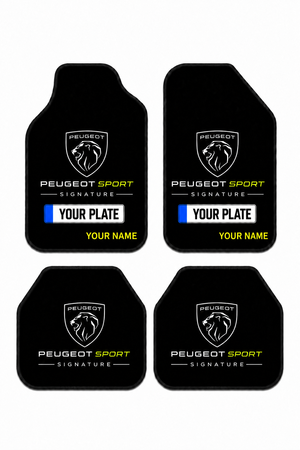 Peugeot-Sport Personalized Name and License Plate Printed Universal Premium Car Floor Mats 4-Piece Set – Compatible with All Car Models – Non-Slip DOT Backing